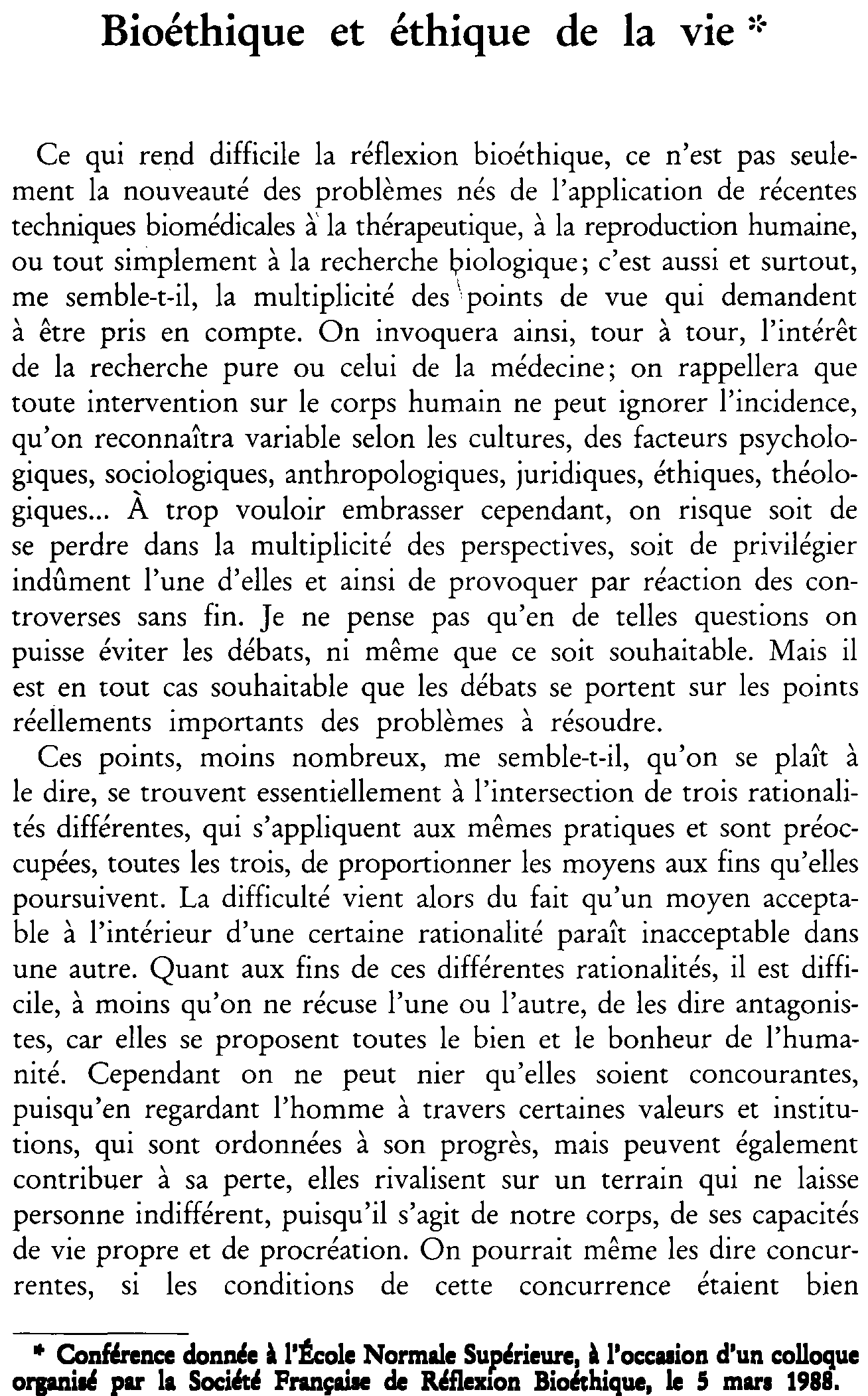 Bioéthique et éthique de la vie