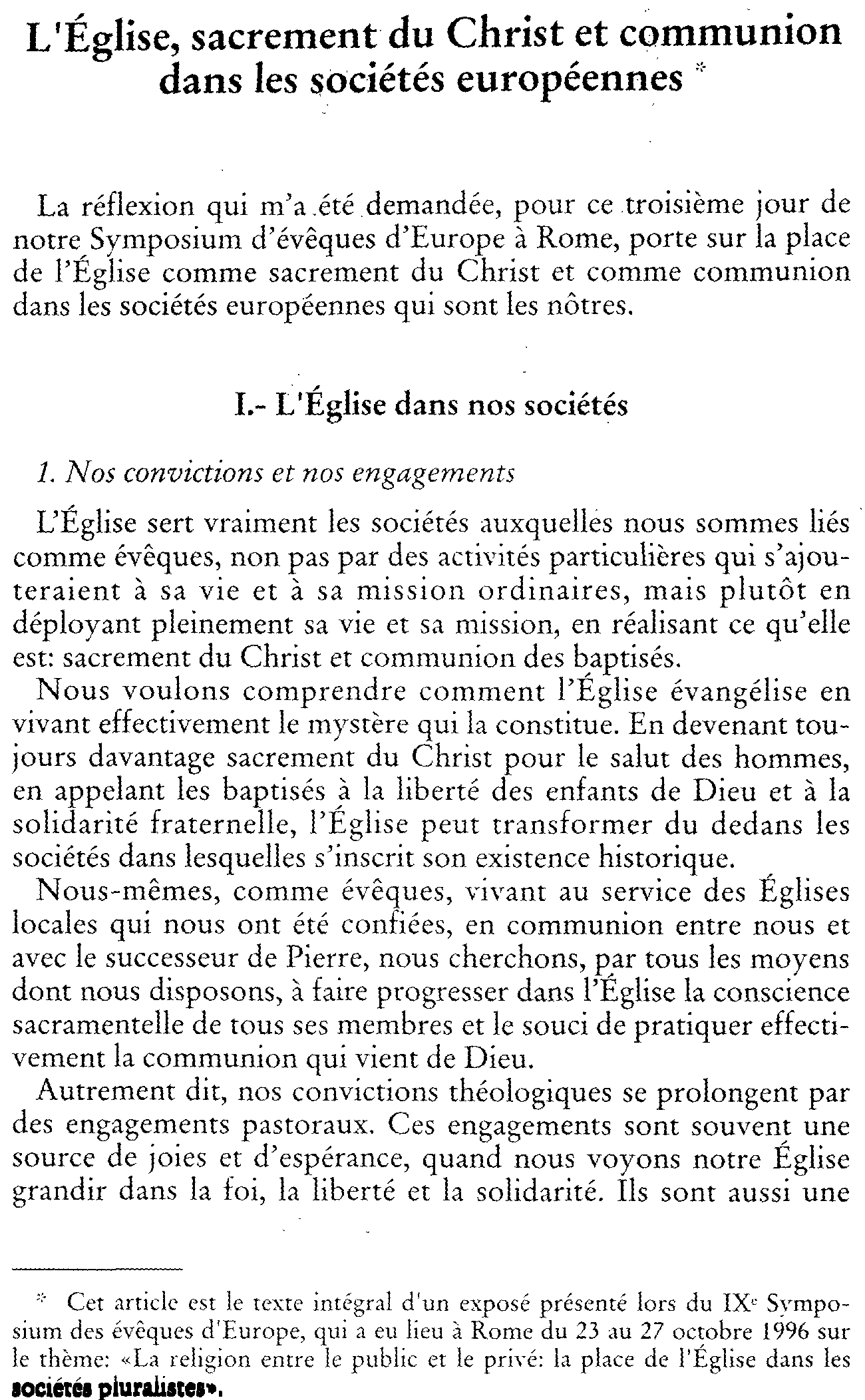 L'Église, sacrement du Christ et communion dans les sociétés européennes