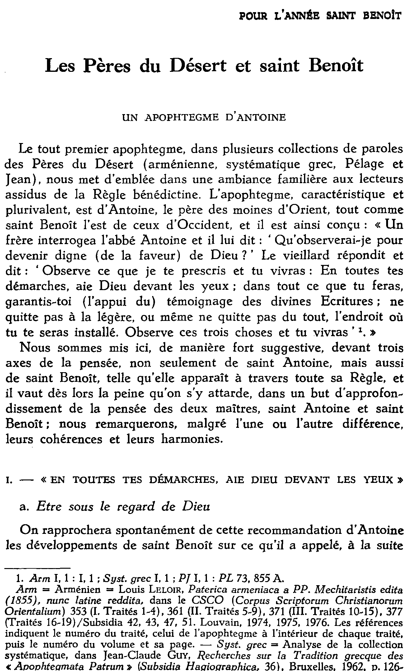 Les Pères du désert et saint Benoît. Un apophtegme d'Antoine
