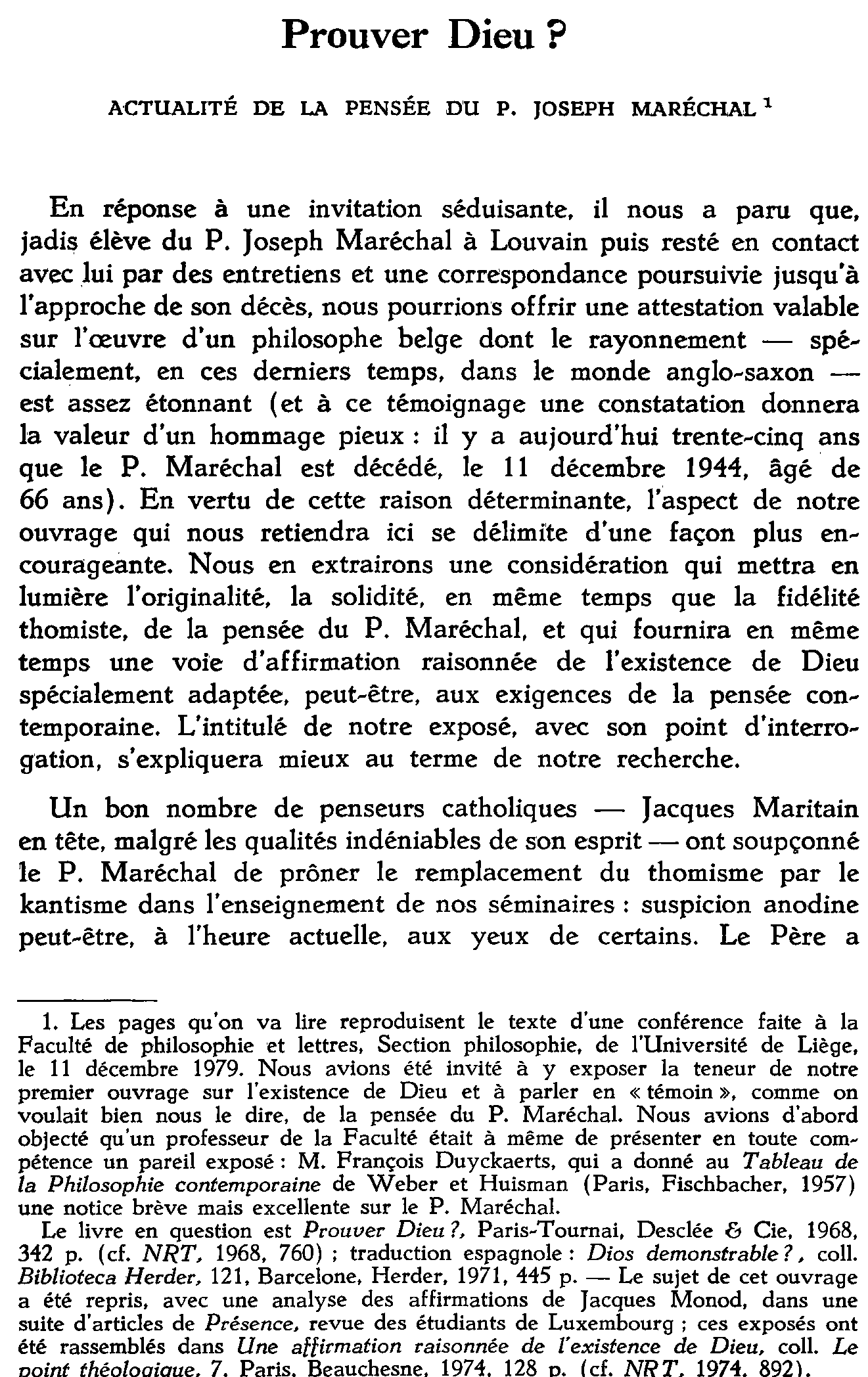 Prouver Dieu? Actualité de la pensée du P. Joseph Maréchal
