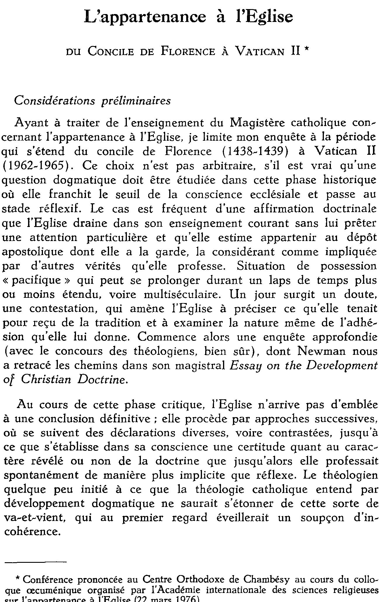 L'appartenance à l'Église. Du Concile de Florence à Vatican II