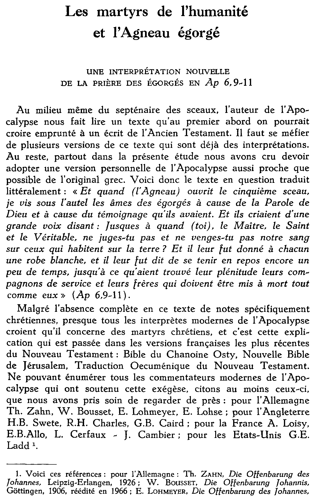 Les martyrs de l'humanité et l'Agneau égorgé (Apocalypse 6,9-11)