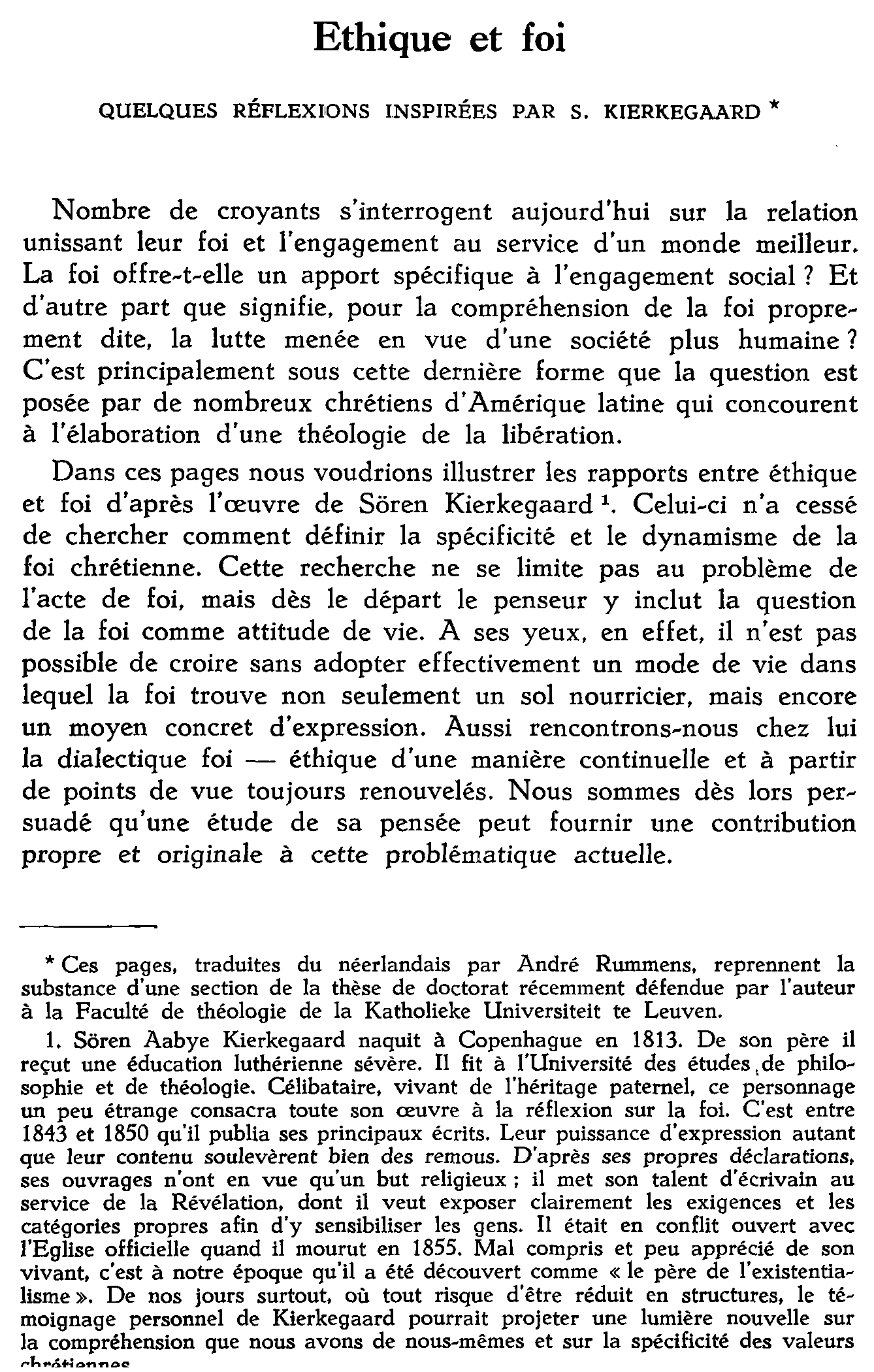 Éthique et foi. Quelques réflexions inspirées par S. Kierkegaard