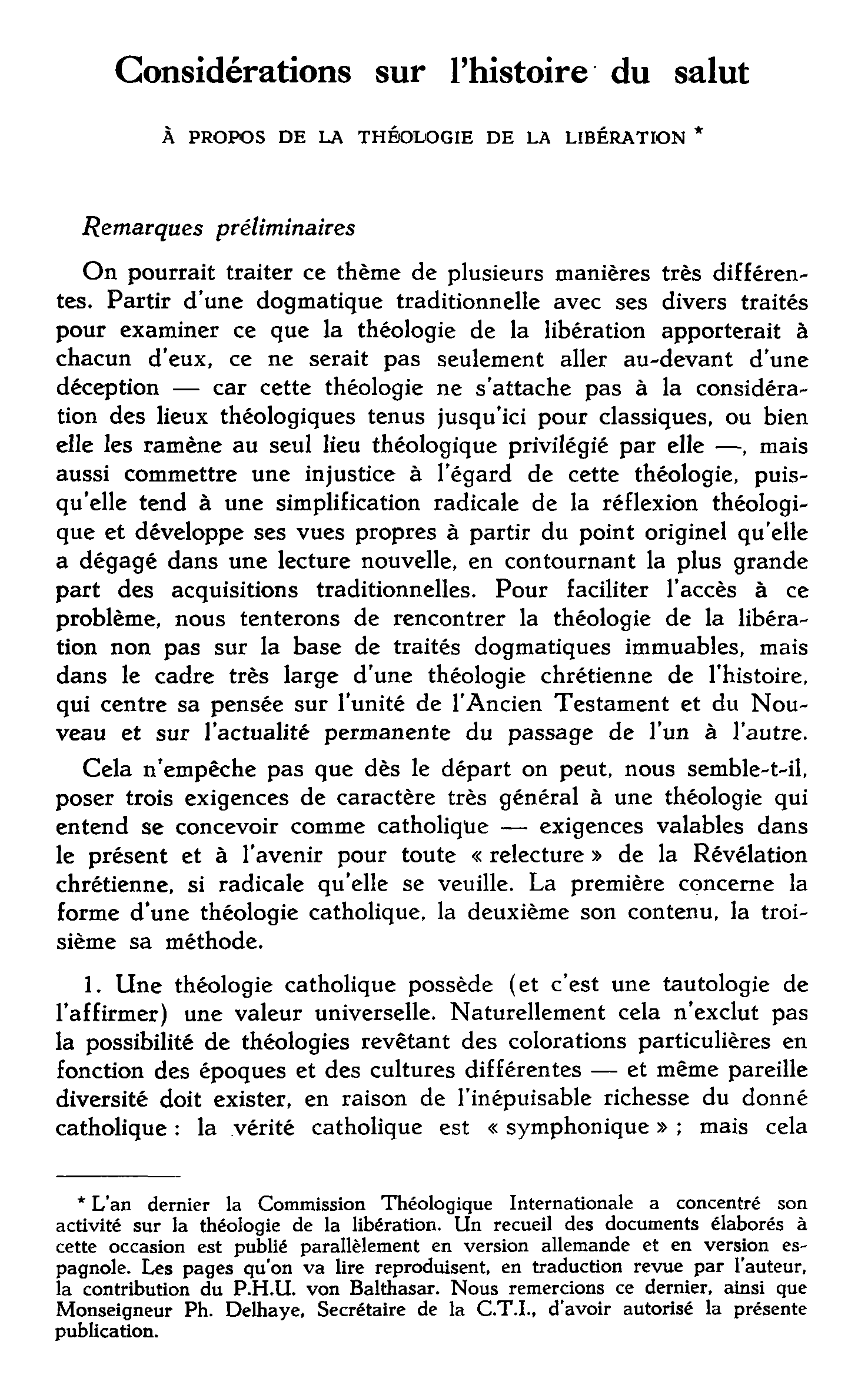 Considérations sur l'histoire du salut. À propos de la théologie de la libération