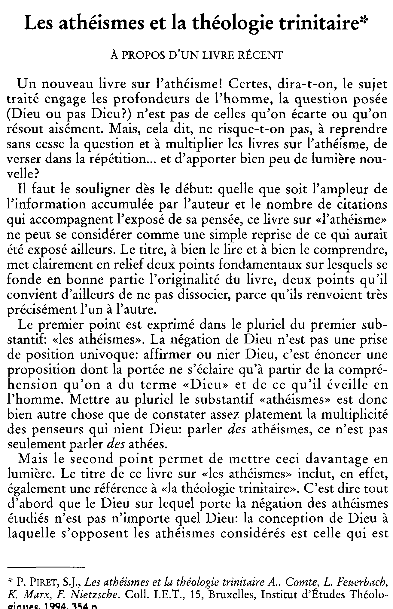 Les athéismes et la théologie trinitaire. À propos d'un livre récent