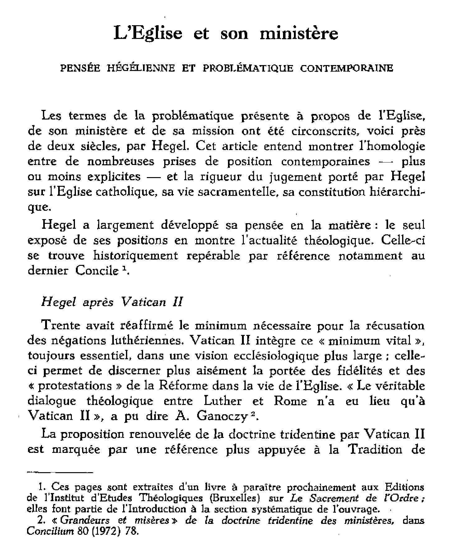 L'Église et son ministère. Pensée hégélienne et problématique contemporaine