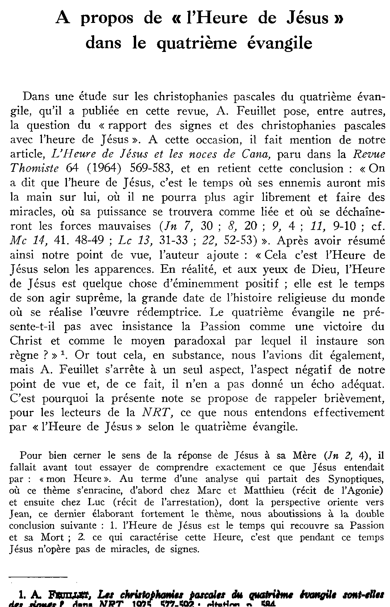 À propos de «l'Heure de Jésus» dans le quatrième évangile