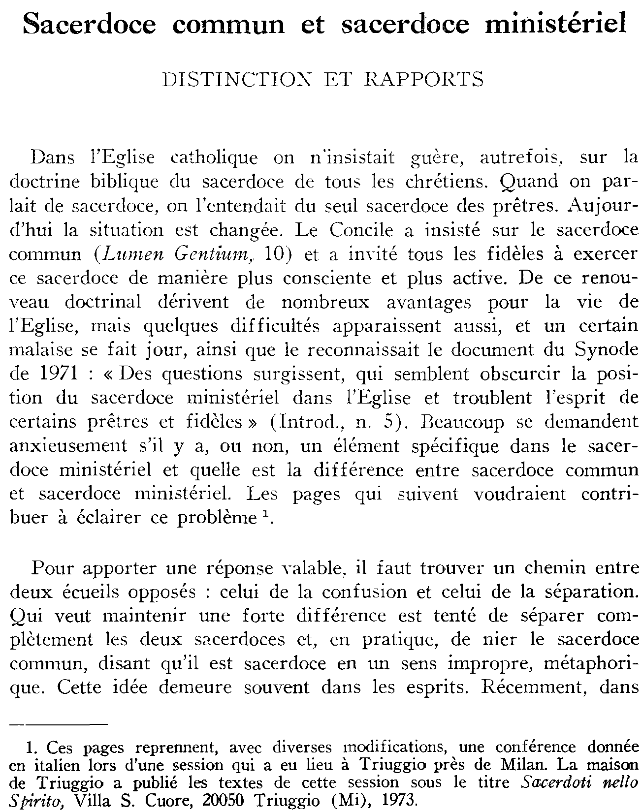 Sacerdoce commun et sacerdoce ministériel. Distinction et rapport