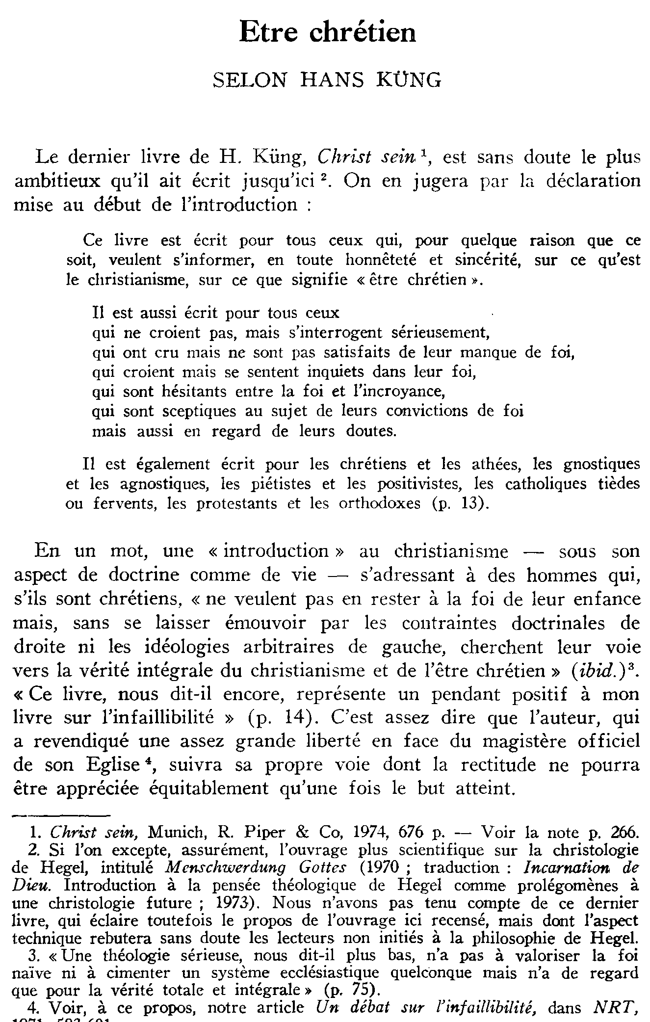 Être chrétien selon Hans Küng