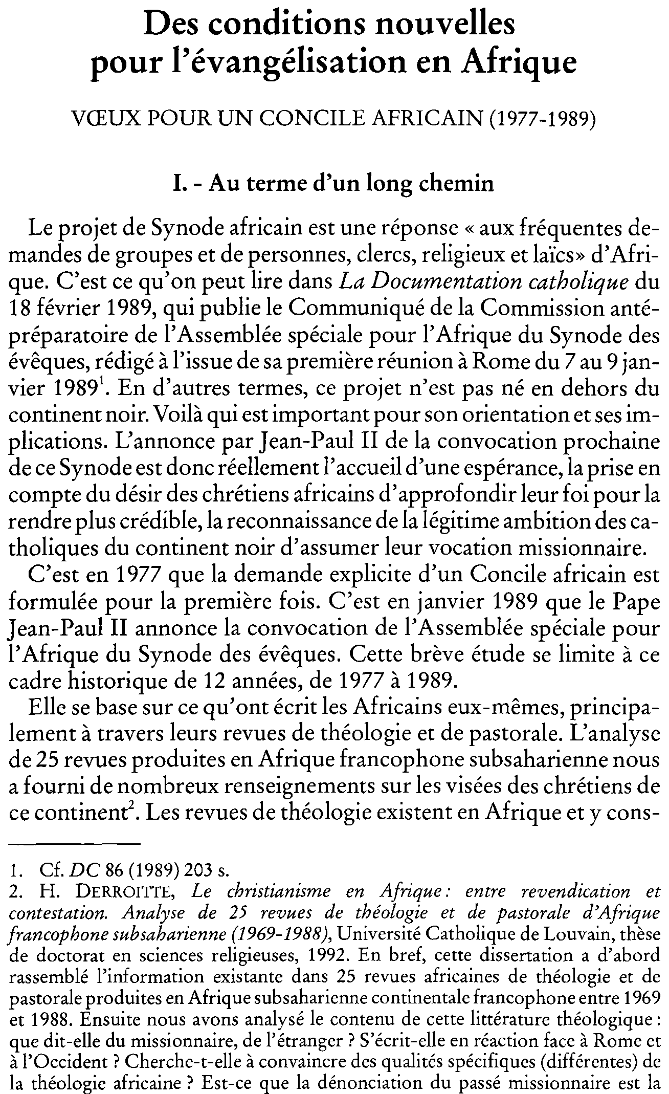 Des conditions nouvelles pour l'évangélisation en Afrique. Voeux pour un Concile africain (1977-1989)