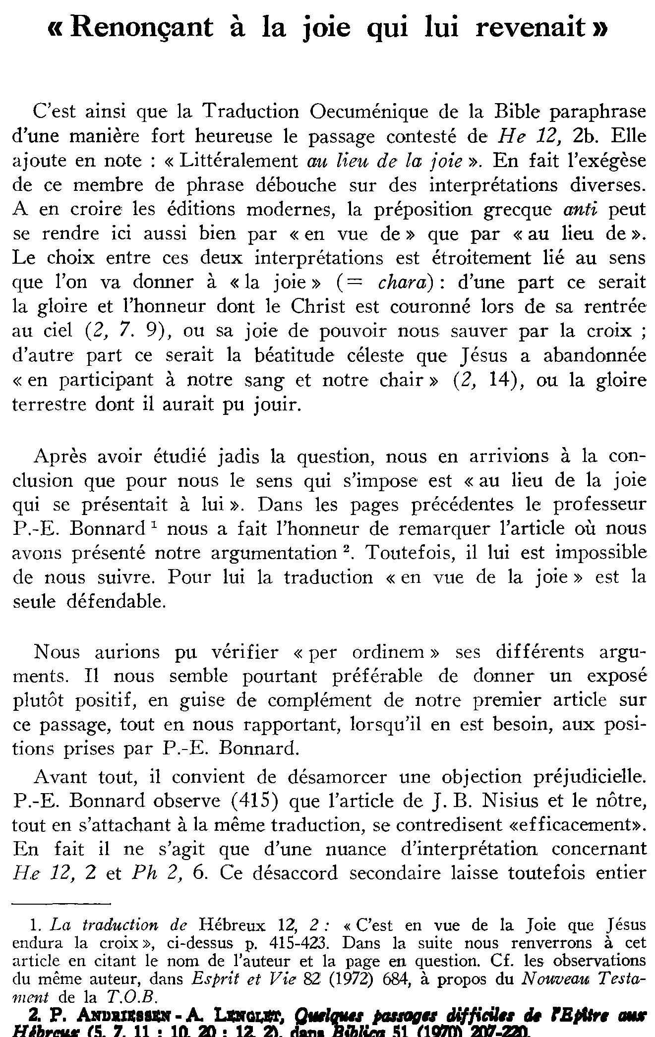 La traduction de Hébreux 12,2: «Renonçant à la joie qui lui revenait»