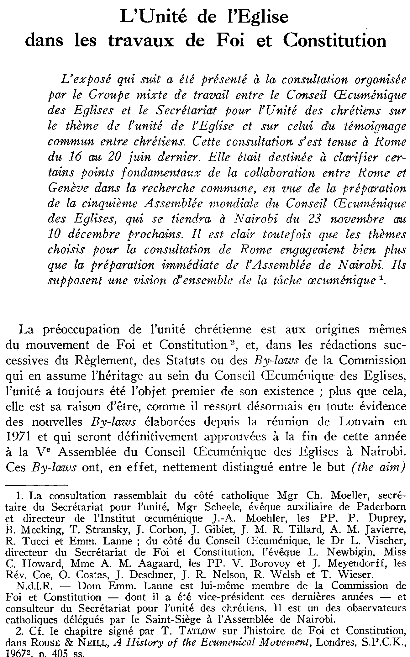 L'Unité de l'Église dans les travaux de Foi et Constiutution