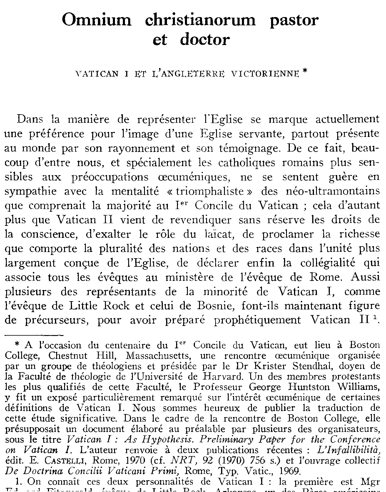 Omnium christianorum pastor et doctor. Vatican I et l'Angleterre victorienne (à suivre)