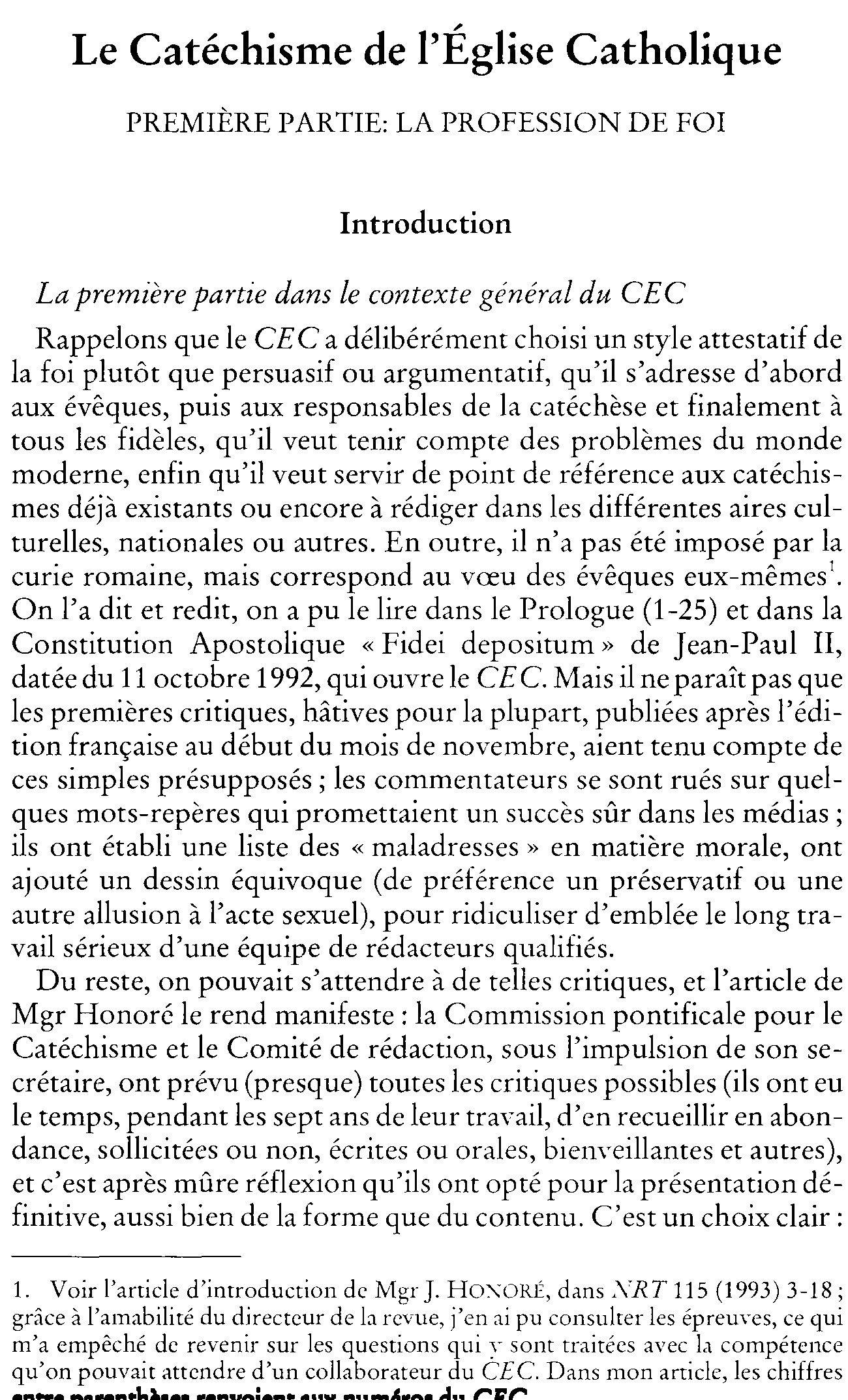 Le Catéchisme de l'Église Catholique. Première partie: la profession de foi