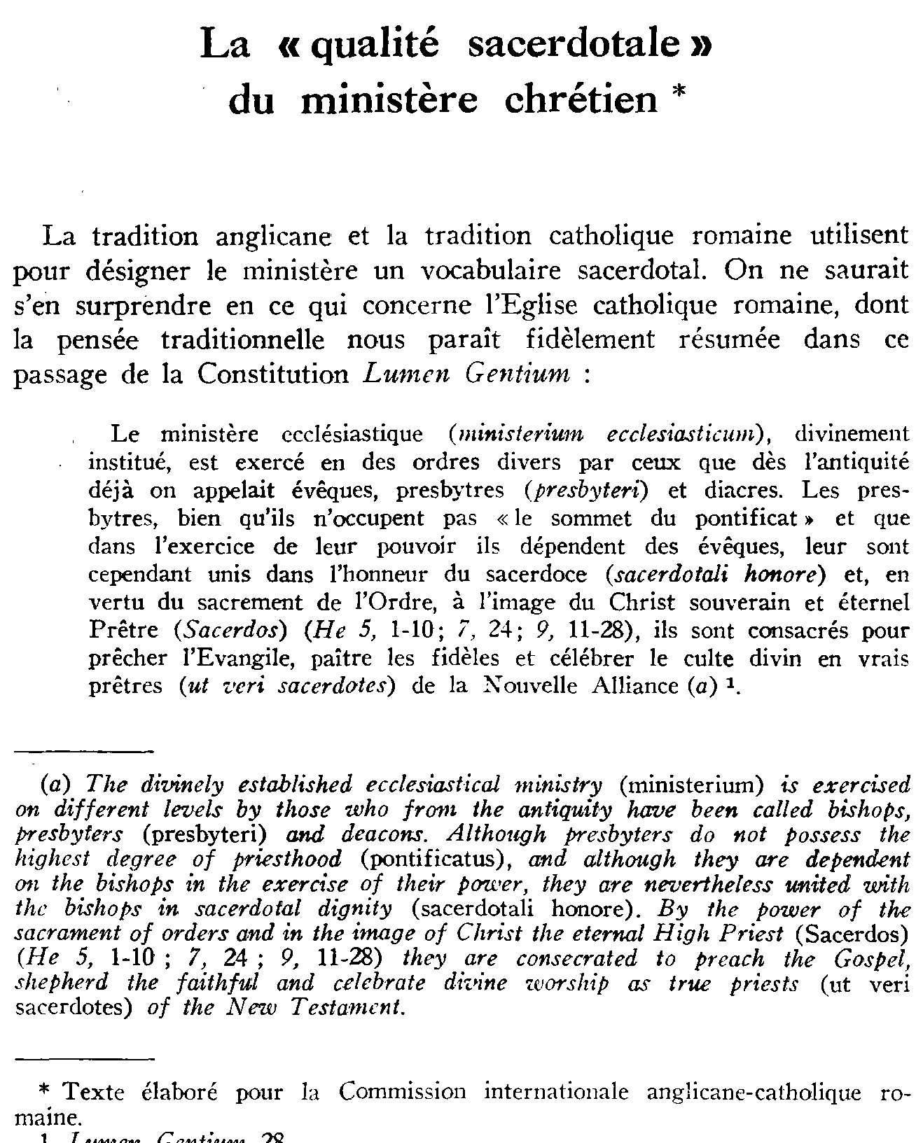 La «qualité sacerdotale» du ministère chrétien