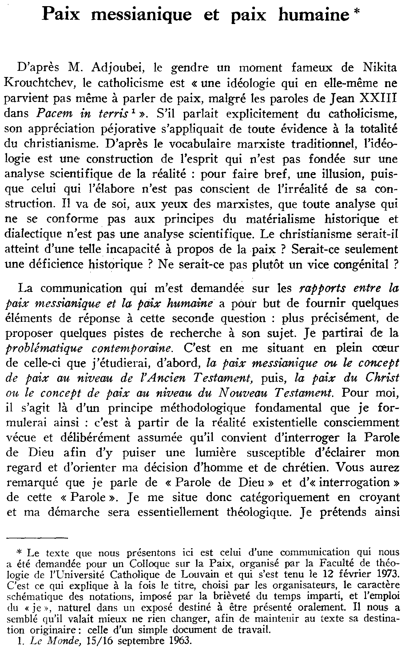 Paix messianique et paix humaine