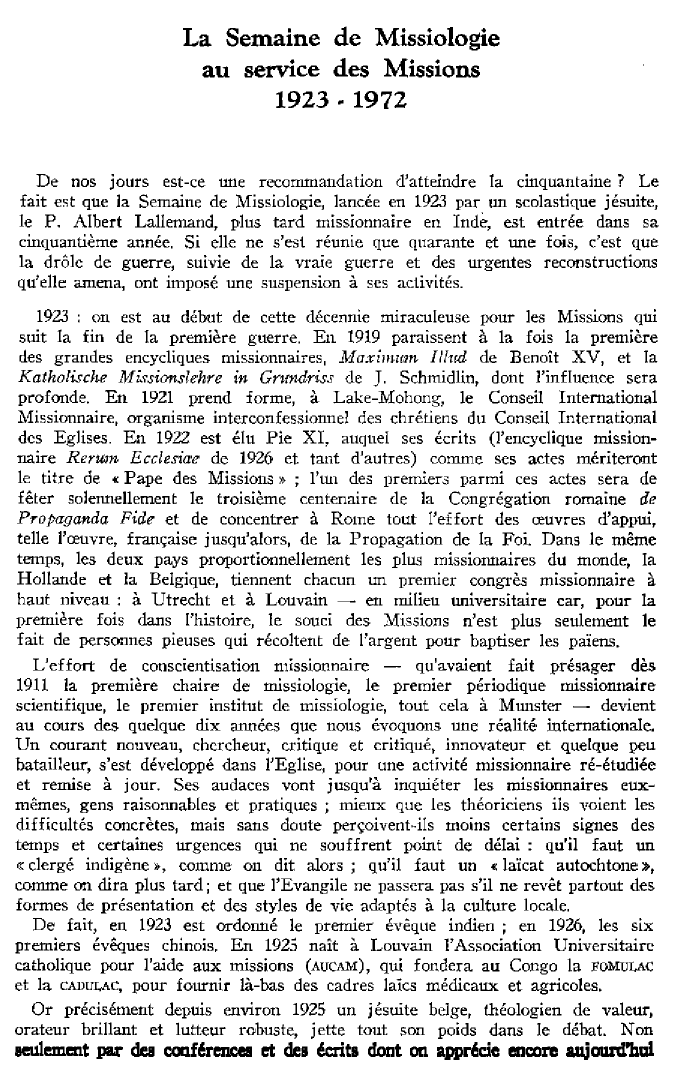 La Semaine de Missiologie au service des Missions 1923-1972