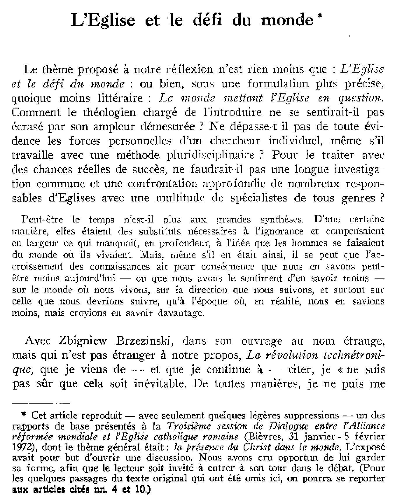 L'Église et le défi du monde