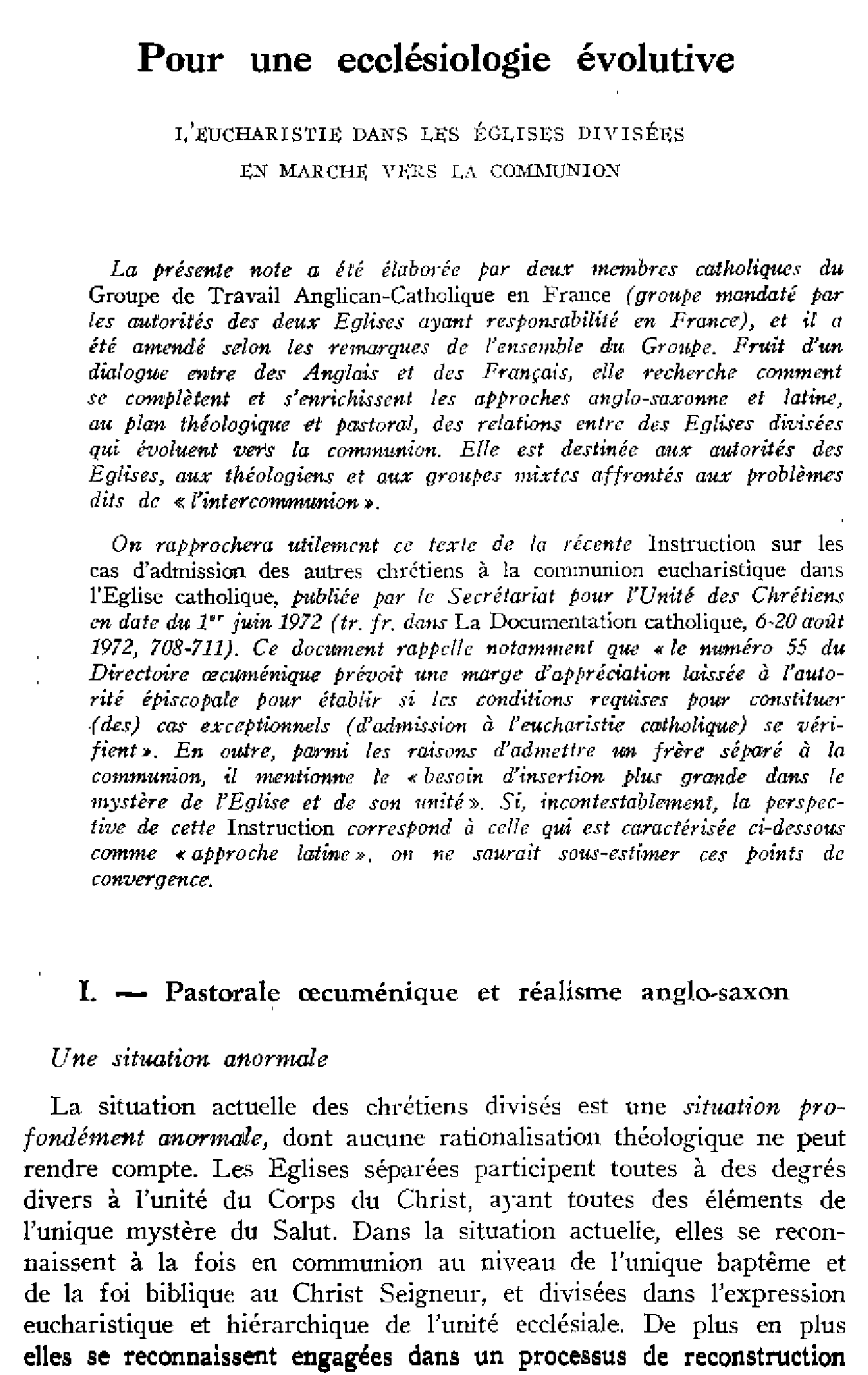 Pour une ecclésiologie évolutive. L'Église dans les églises divisées en marche vers la communion