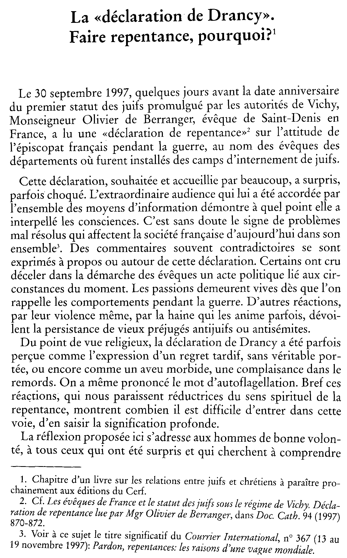 La « Déclaration de Drancy". Faire repentance, pourquoi?