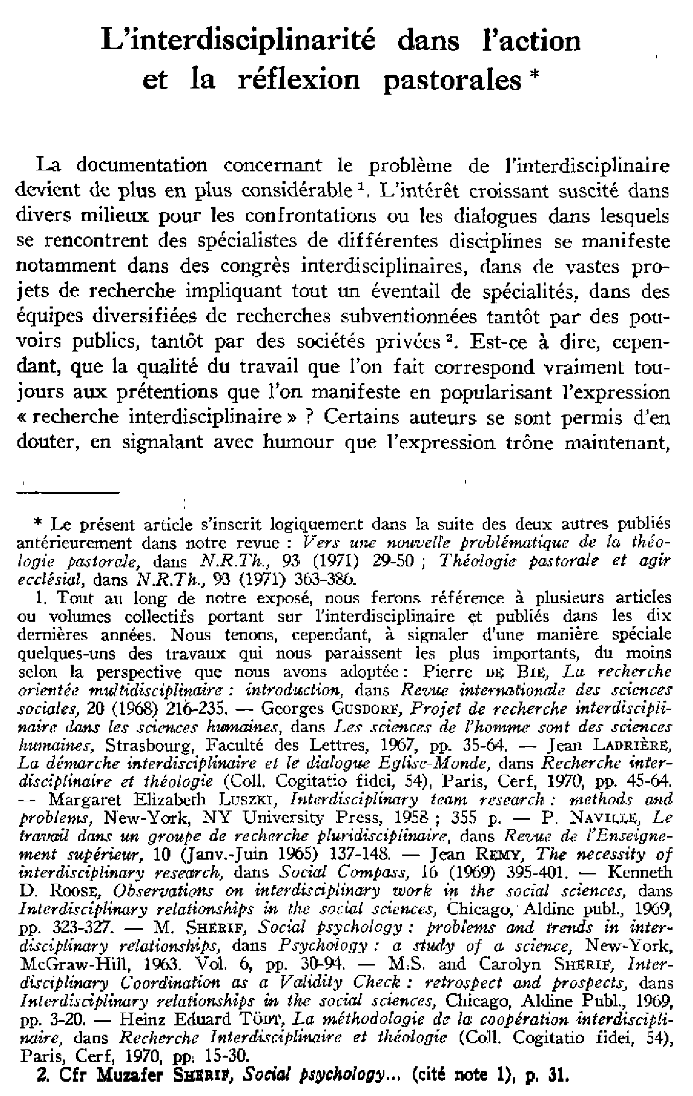 L'interdisciplinarité dans l'action et la réflexion pastorales (à suivre)