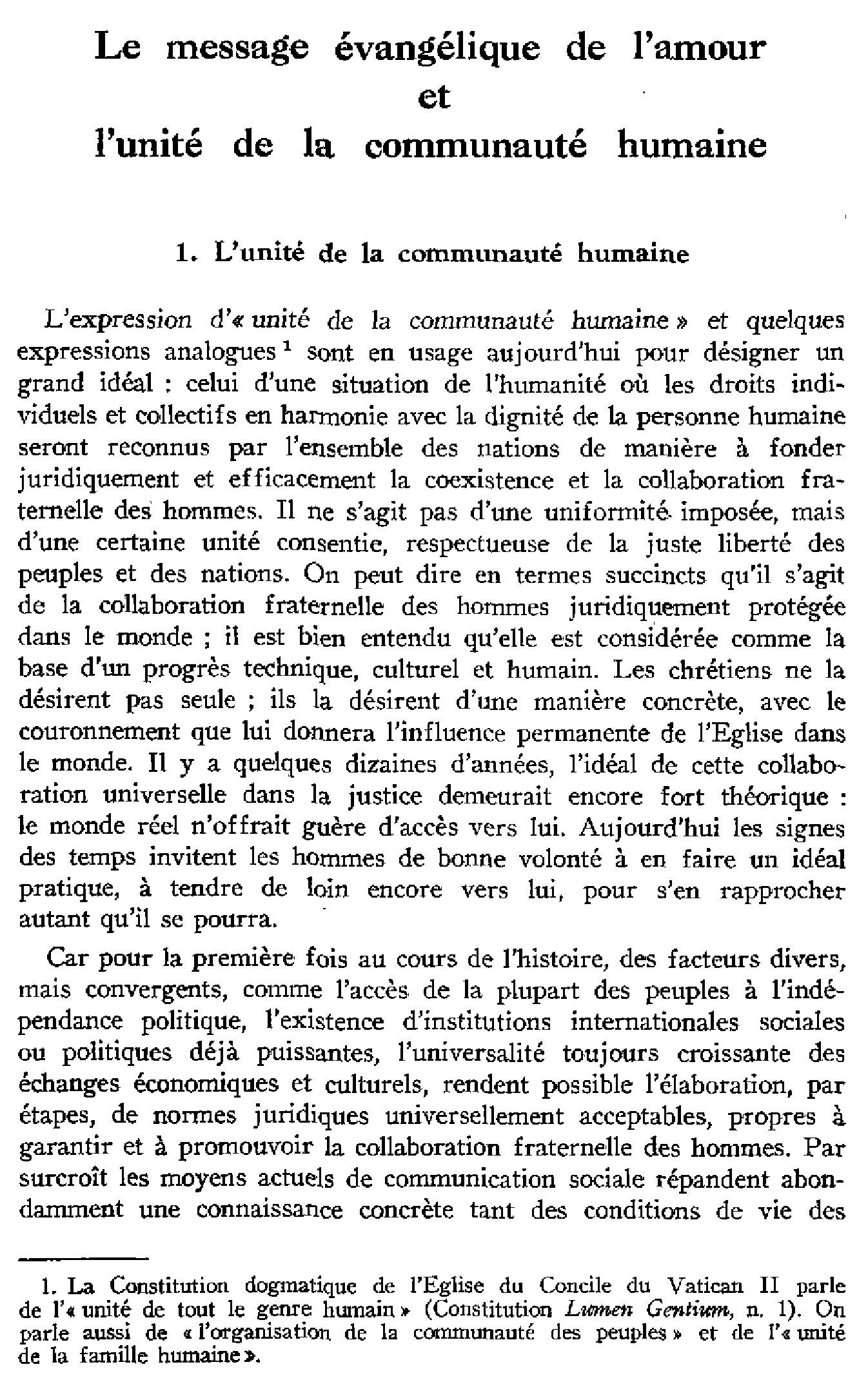 Le message évangélique de l'amour et l'unité de la communauté humaine