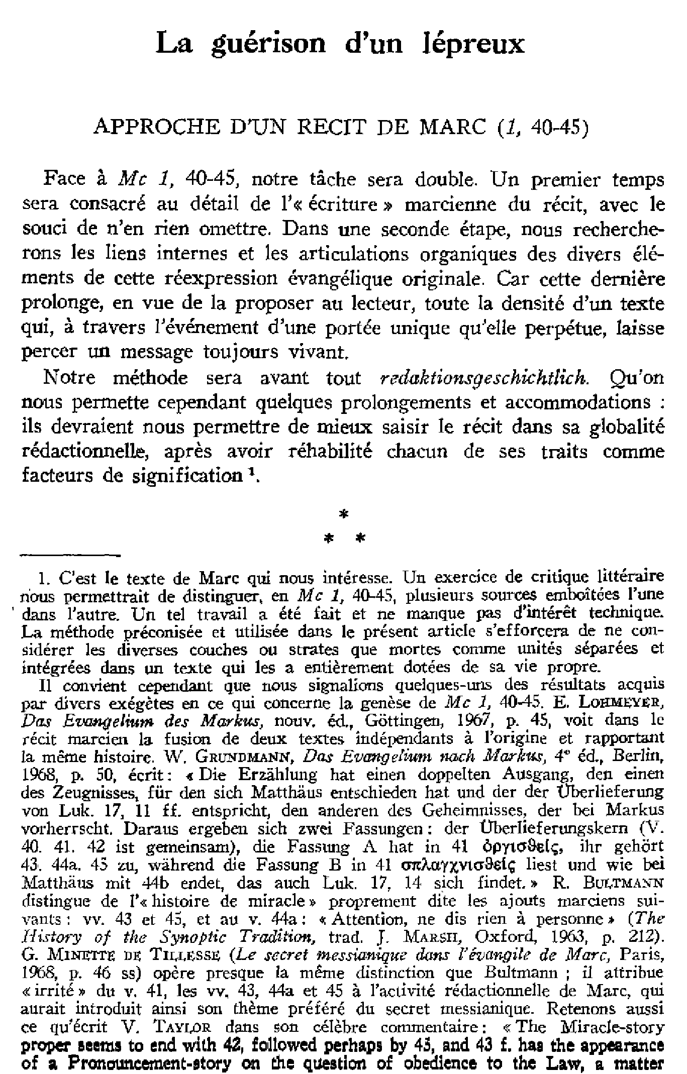La guérison d'un lépreux. Approche d'un récit de Marc (1,40-45)