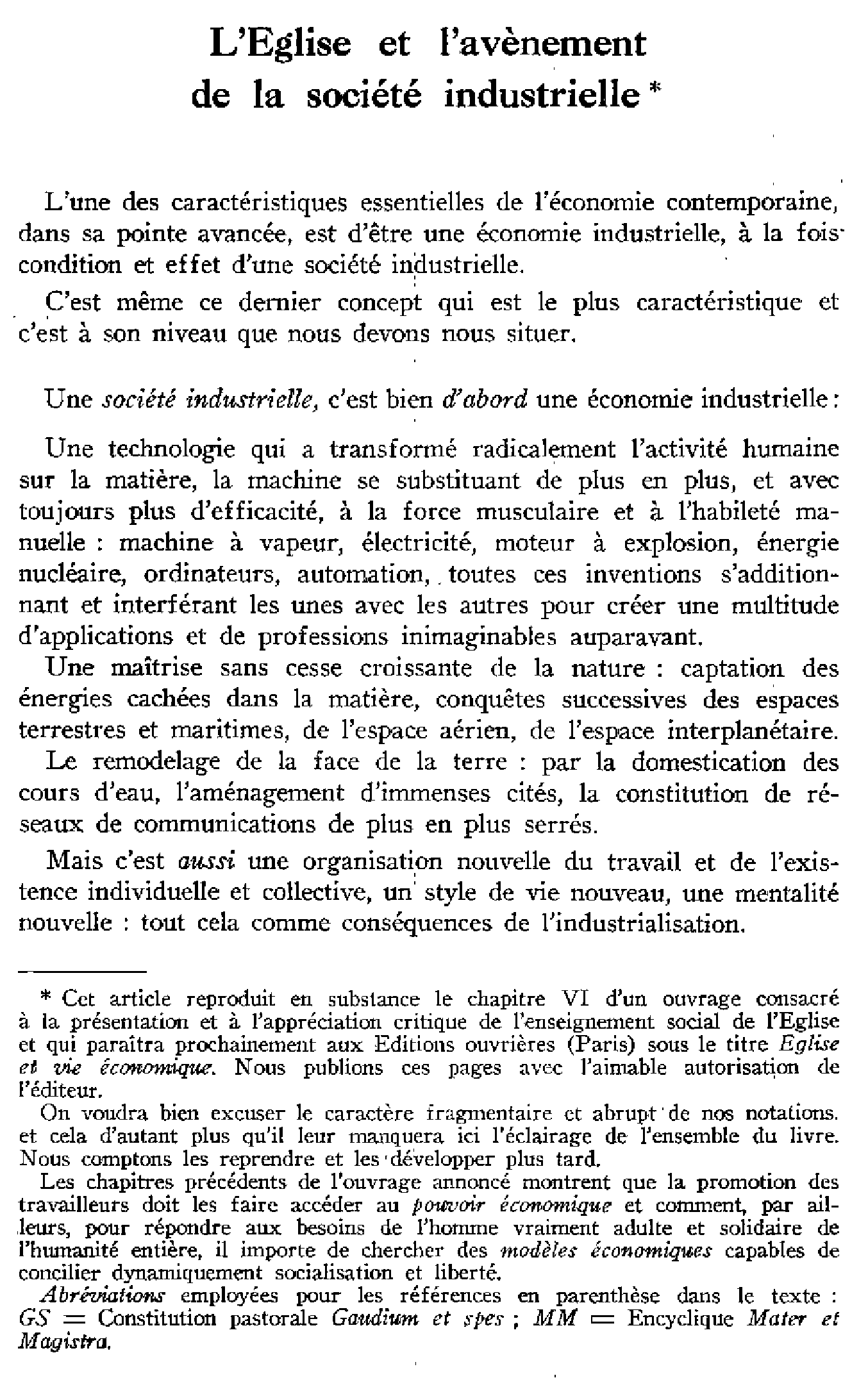 L'Église et l'avènement de la société industrielle