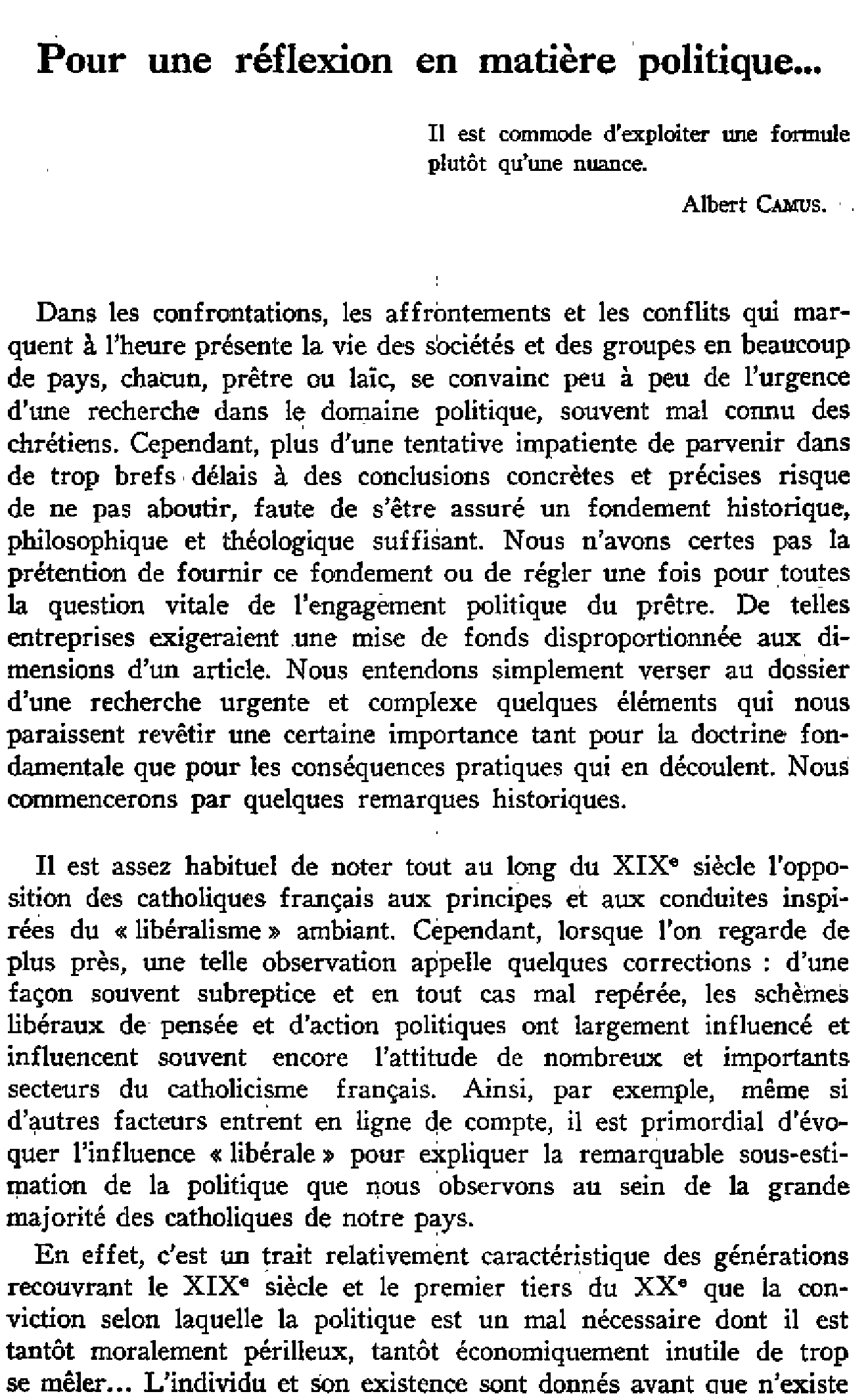 Pour une réflexion en matière politique…