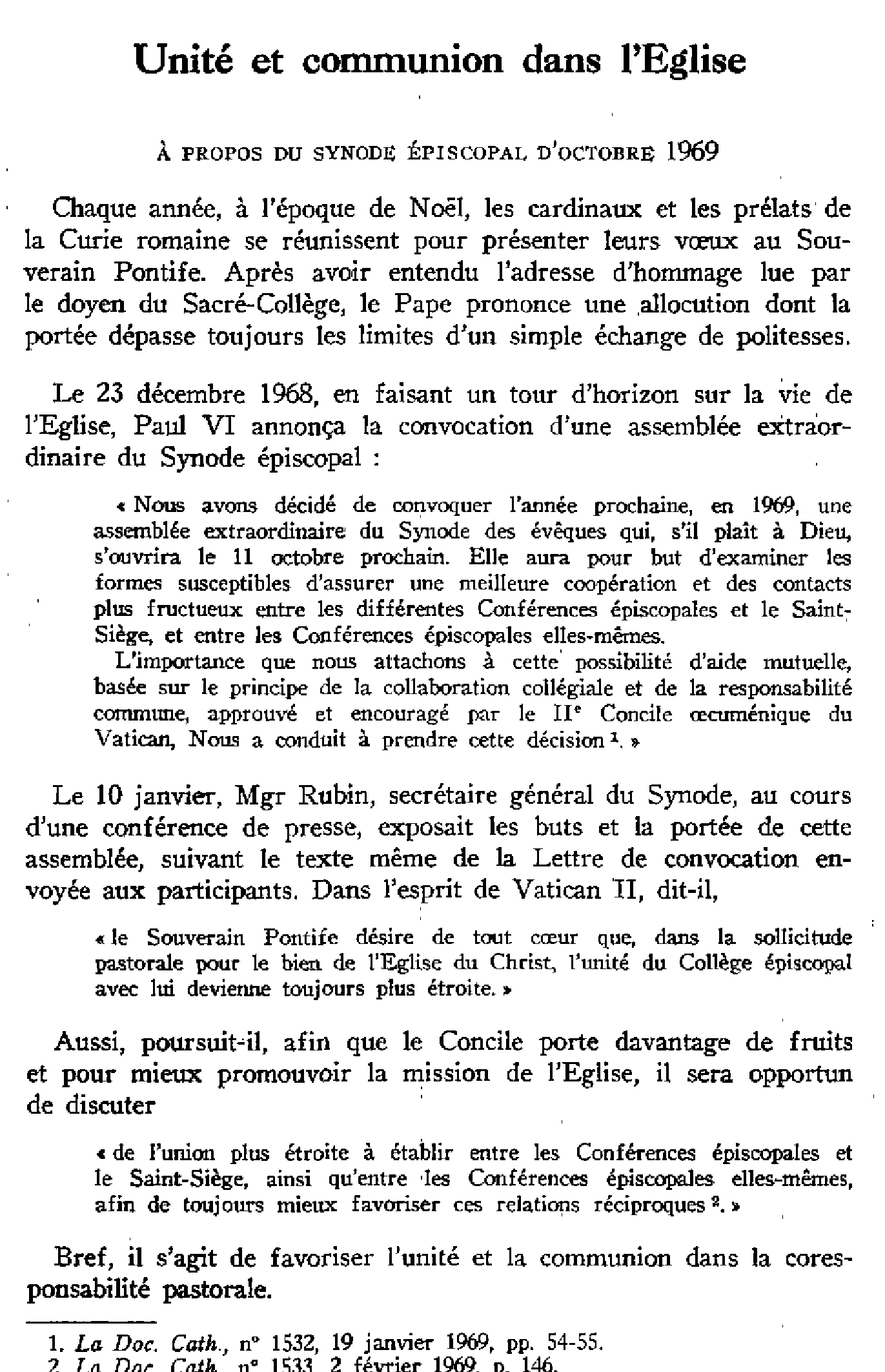 Unité et communion dans l'Église. À propos du synode épiscopal d'octobre 1969