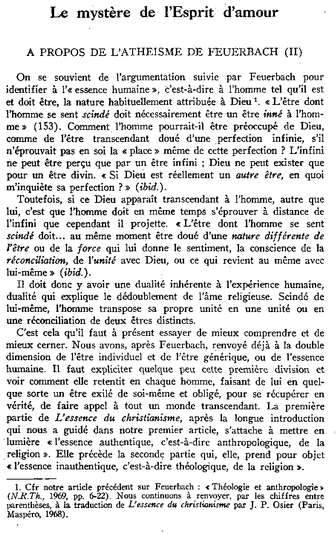 Le mystère de l'Esprit d'amour. À propos de l'athéisme de Feuerbach (II)