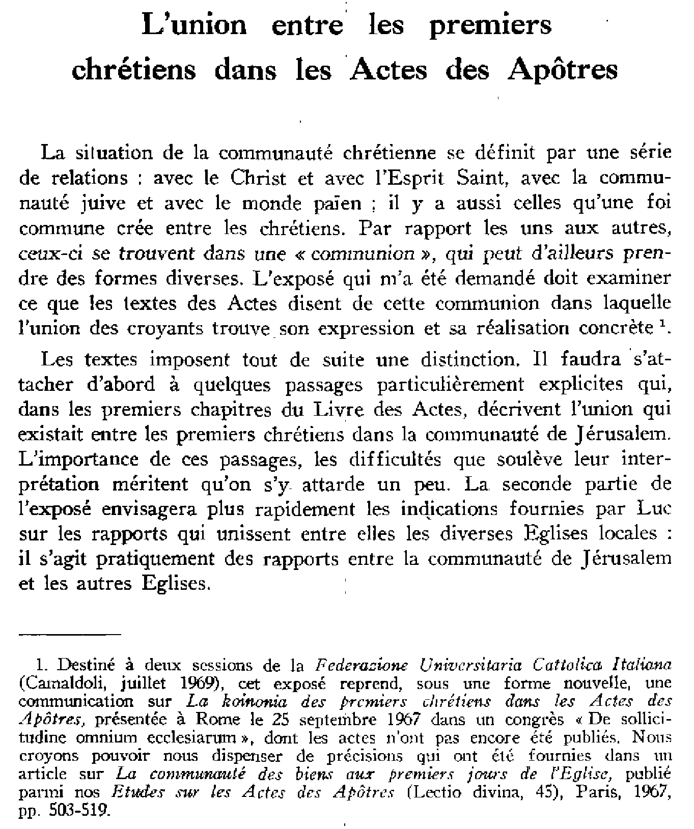 L'union entre les premiers chrétiens dans les Actes des Apôtres