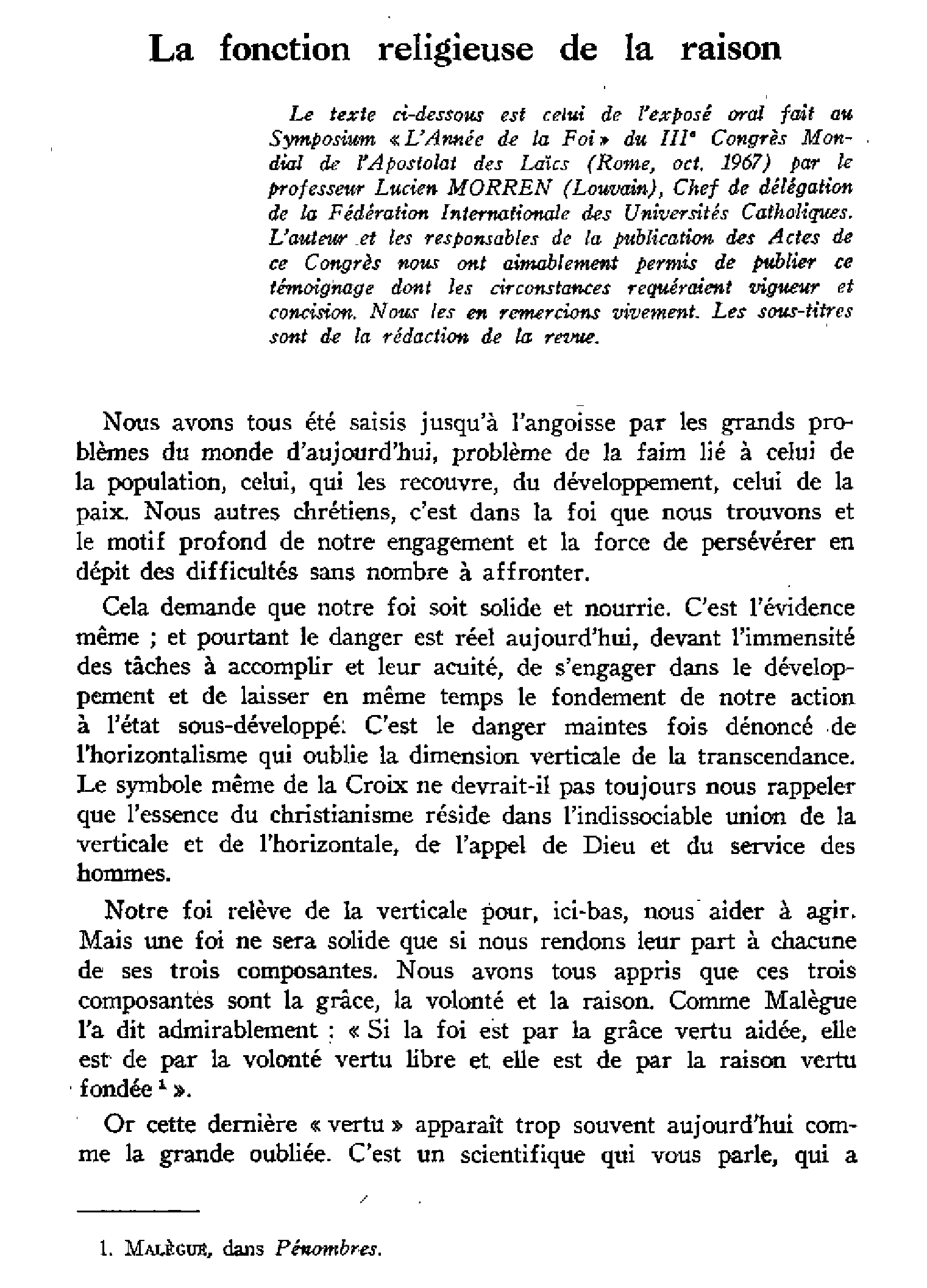 La fonction religieuse de la raison