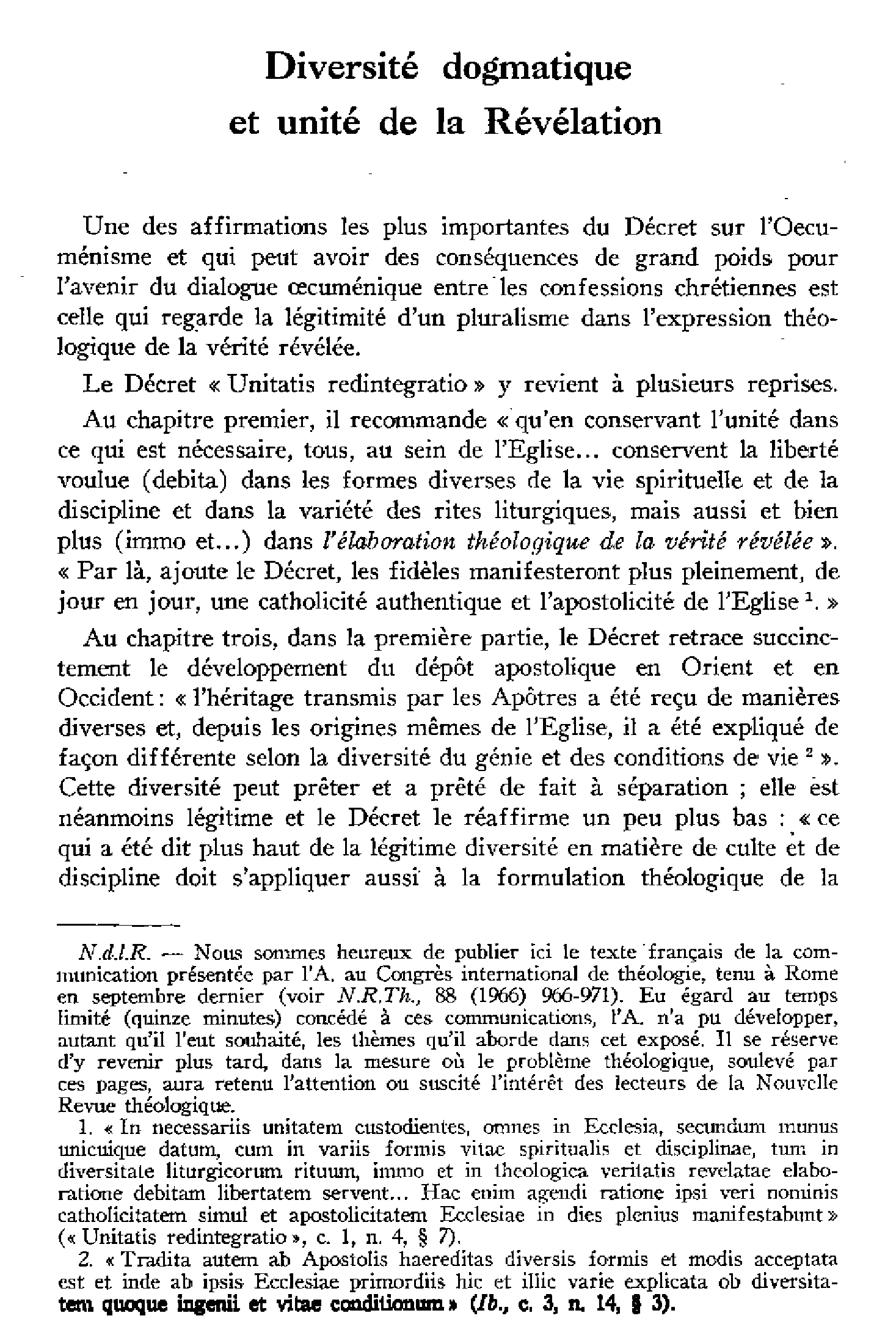 Diversité dogmatique et unité de la Révélation