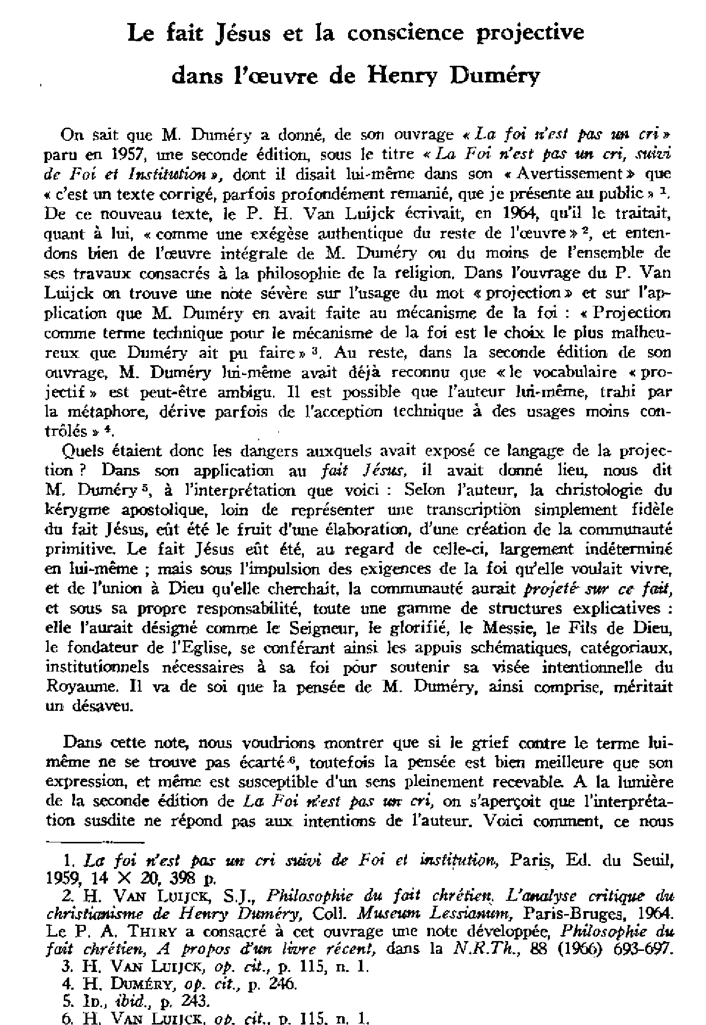 Le fait Jésus et la conscience projective dans l'oeuvre de Henry Duméry