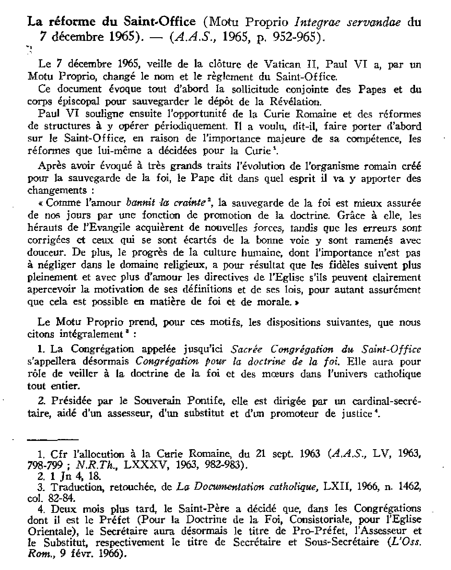 La réforme du Saint-Office (Motu Propio Integrae servandae du 7 déc. 1965)