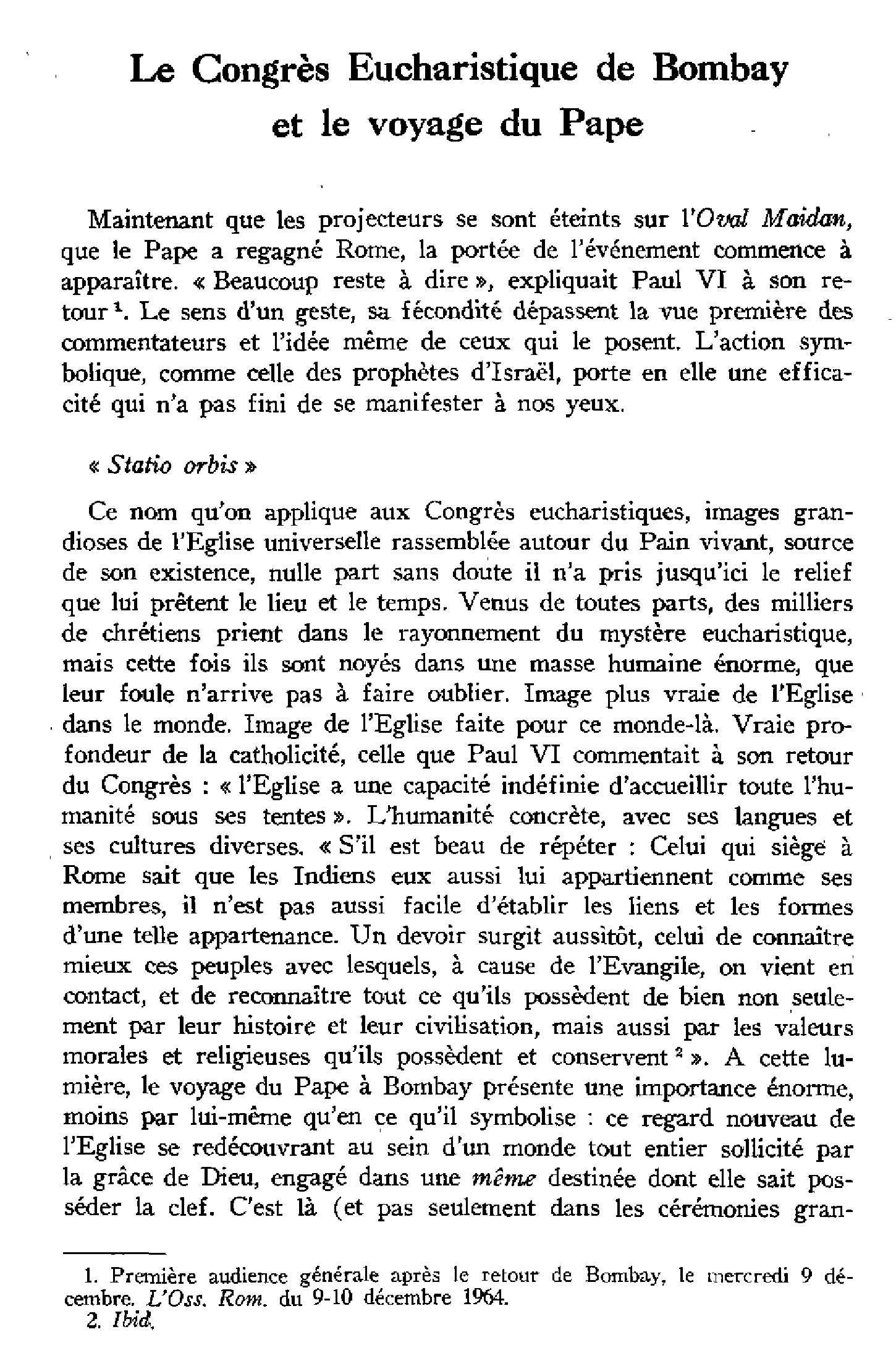 Le Congrès Eucharistique de Bombay et le voyage du Pape