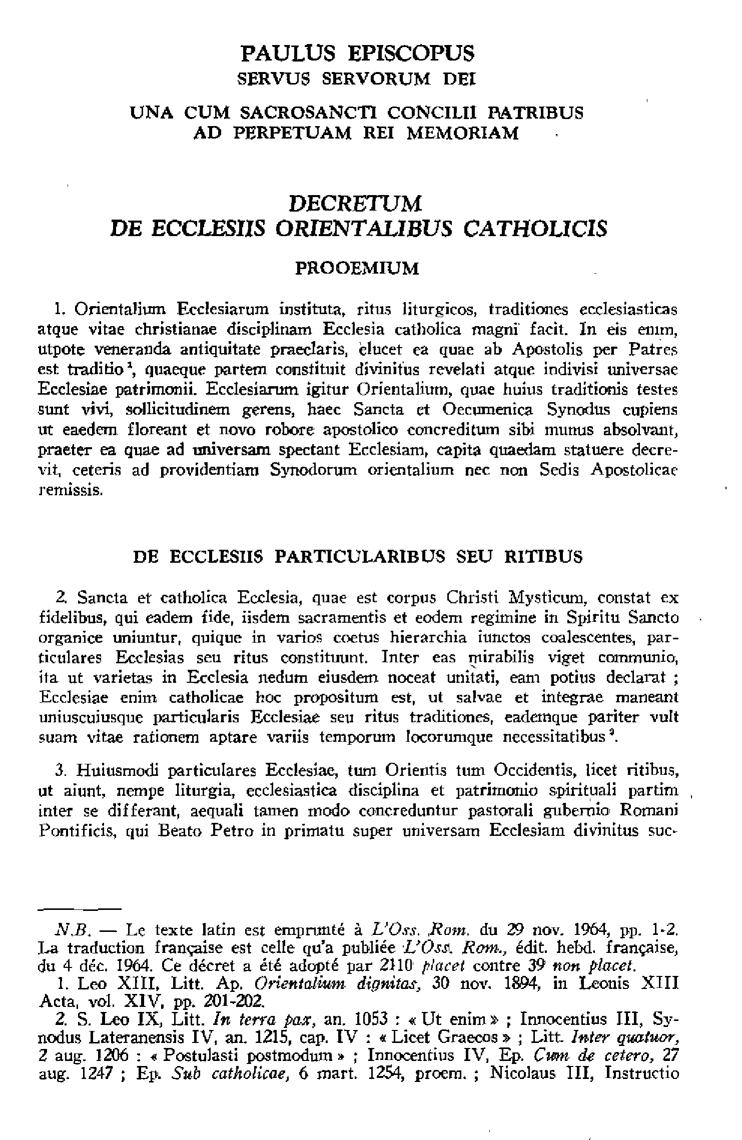 Décret sur les Églises orientales catholiques. Texte latin et traduction française