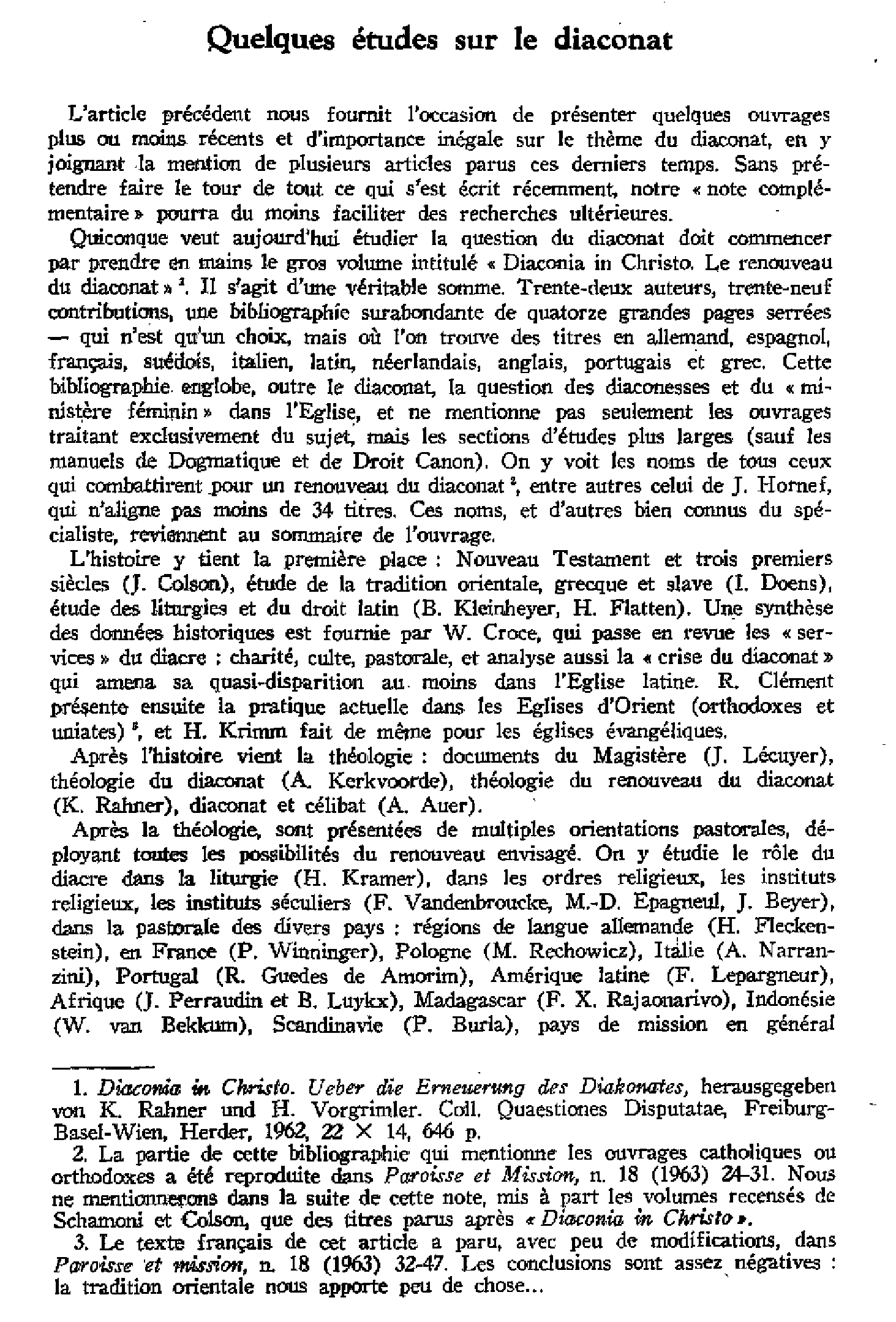 Quelques études sur le diaconat
