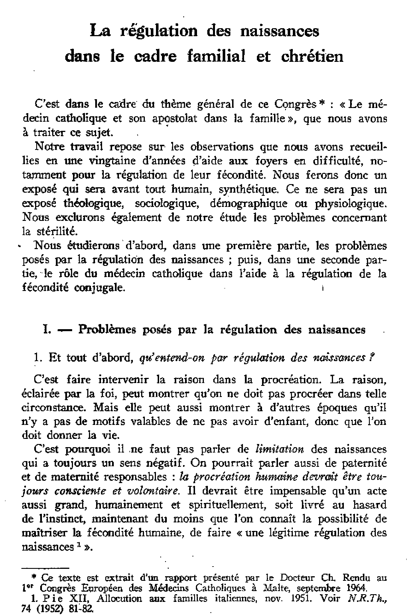 La régulation des naissances dans le cadre familial et chrétien