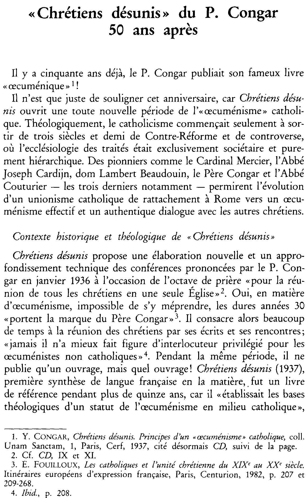Chrétiens désunis du P. Congar 50 ans après