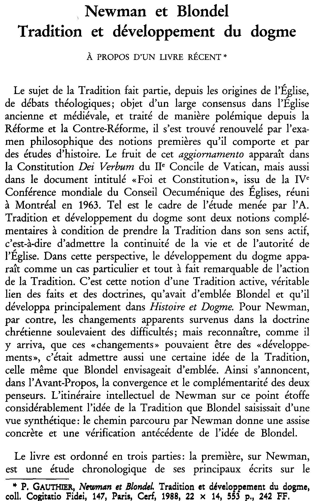 Newman et Blondel. Tradition et développement du dogme. À propos d'un livre récent