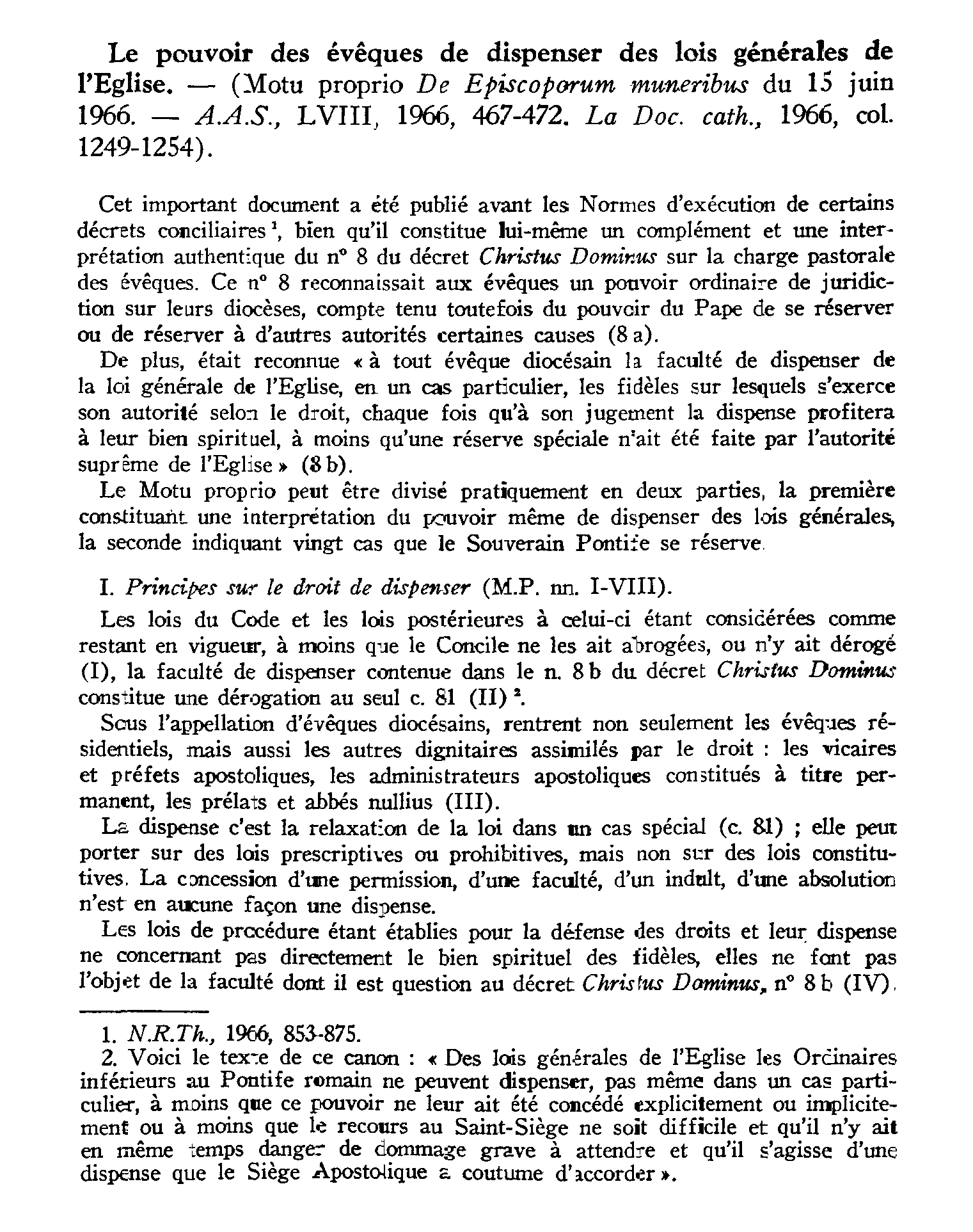 Le pouvoir des évêques de dispenser des lois générales de l'Église