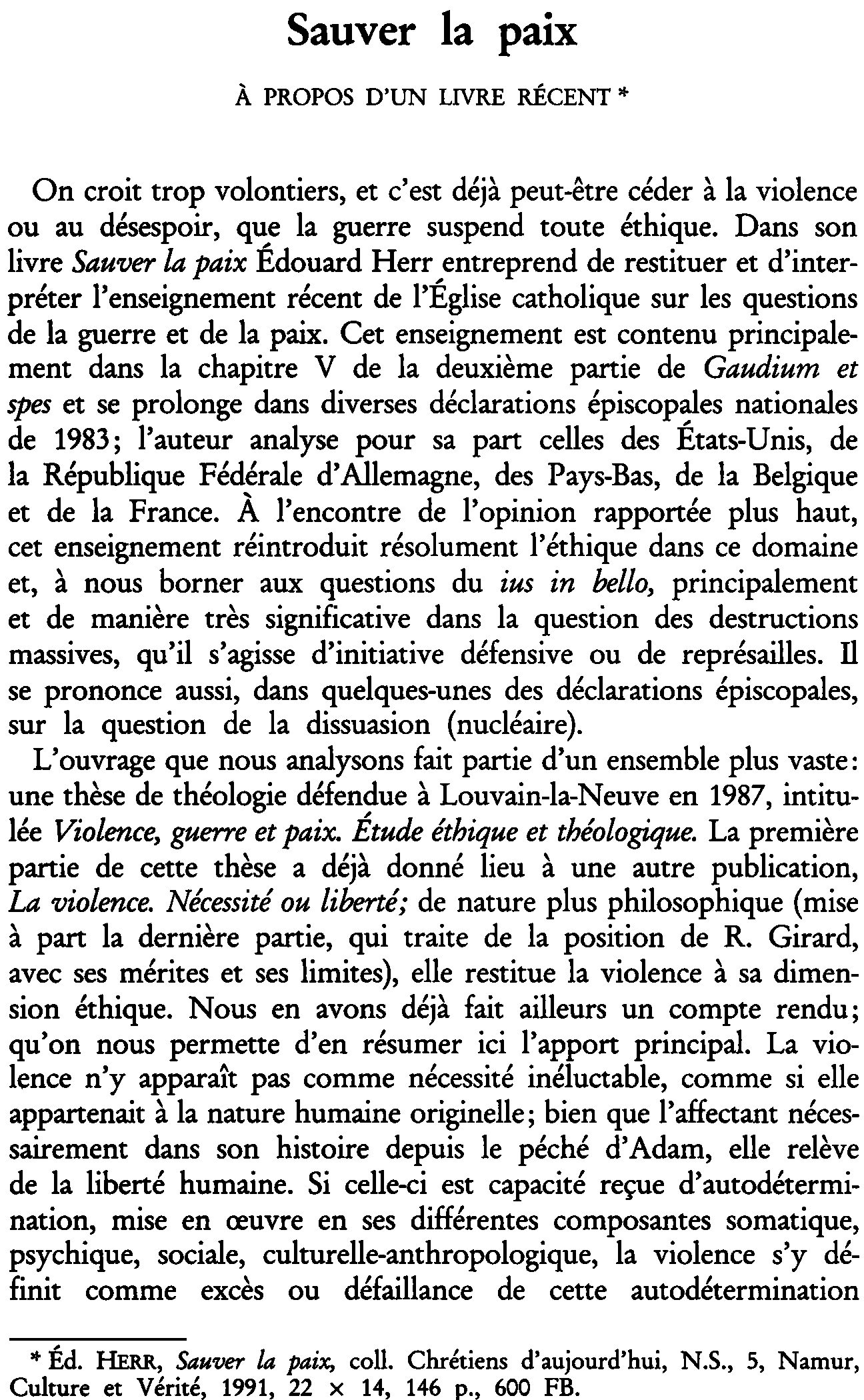 Sauver la paix. À propos d'un livre récent