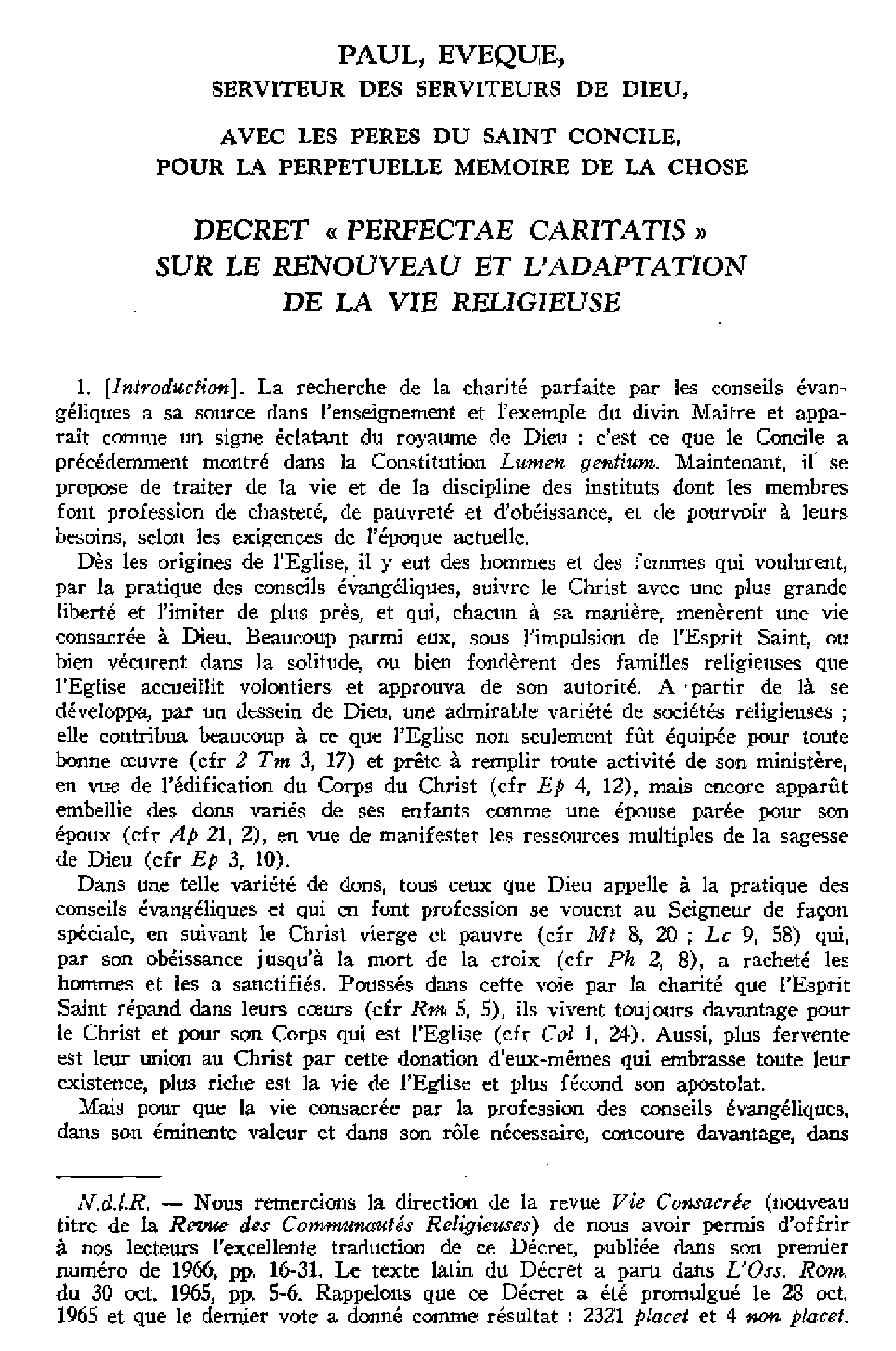 Décret Perfectae caritatis sur le renouveau et l'adaptation de la vie religieuse. Traduction française