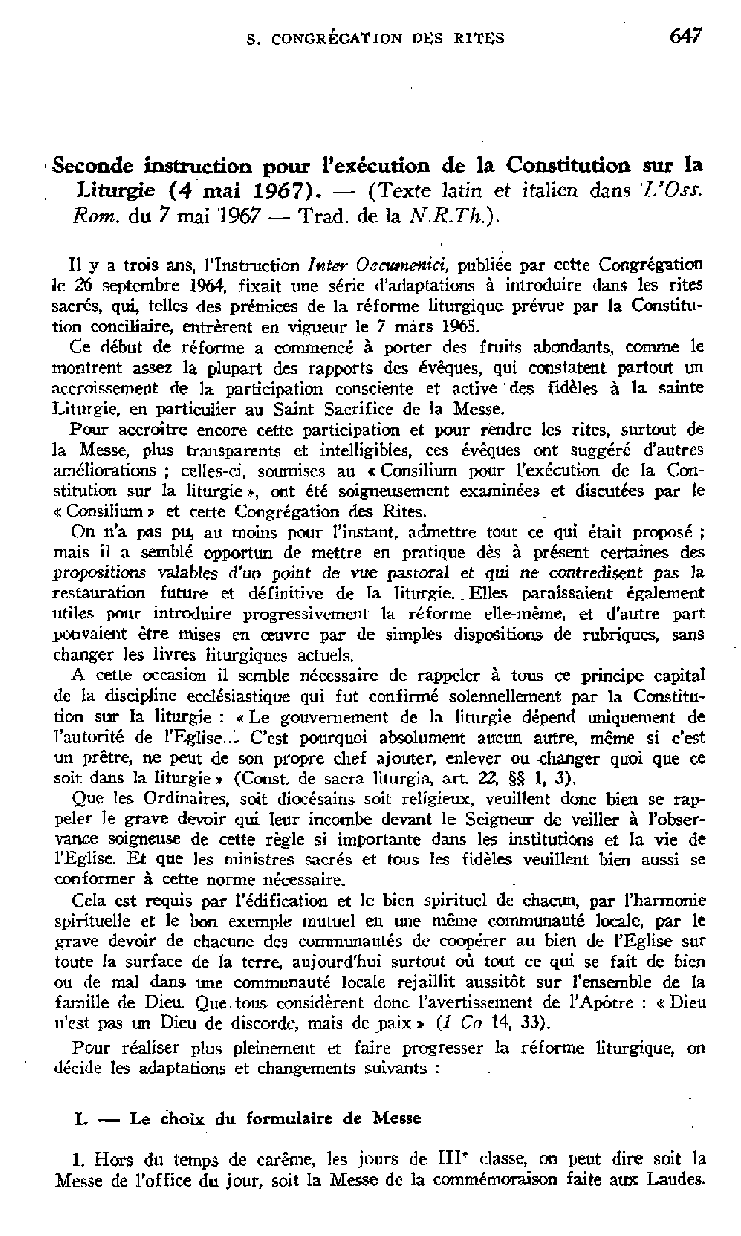 Seconde instruction pour l'exécution de la Constitution sur la liturgie (4 mai 1967)