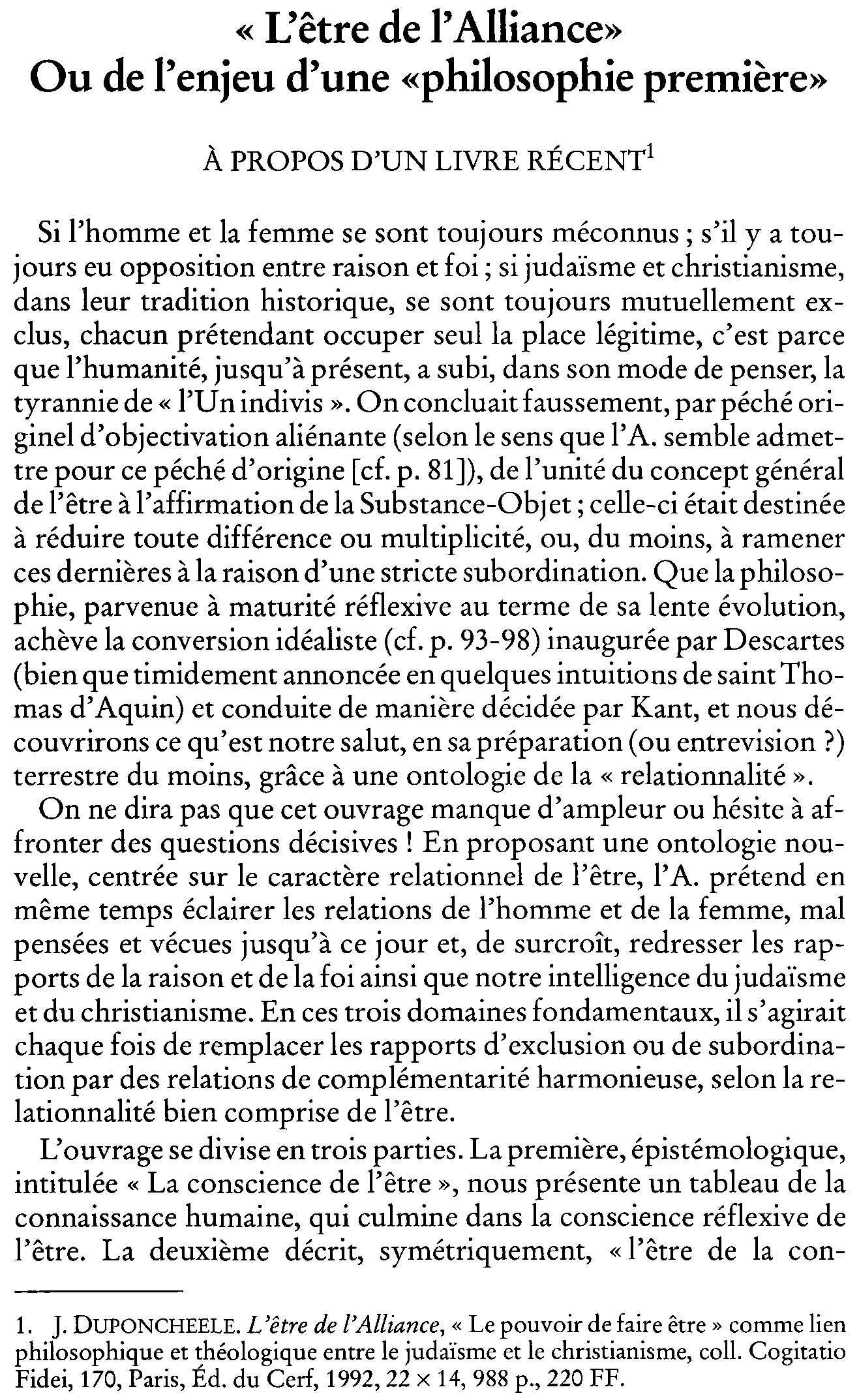 L'être de l'Alliance ou de l'enjeu d'une « philosophie première". À propos d'un livre récent