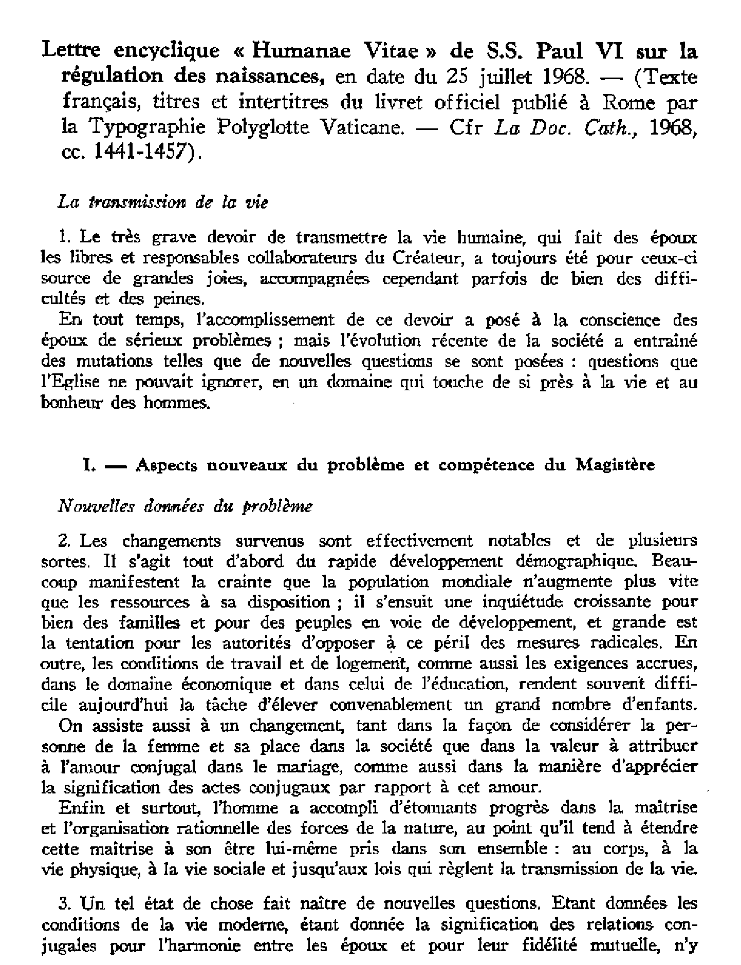 Lettre encyclique Humanae vitae de SS Paul VI sur la régulation des naissances (25 juillet 1968)