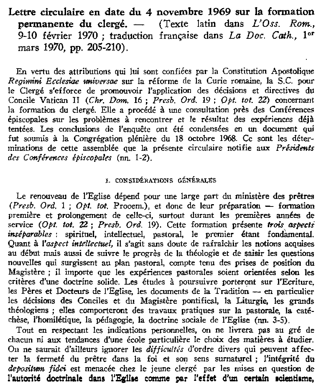 Lettre circulaire de la S.C. pour le clergé sur la formation permanente du clergé (4 nov. 1969)