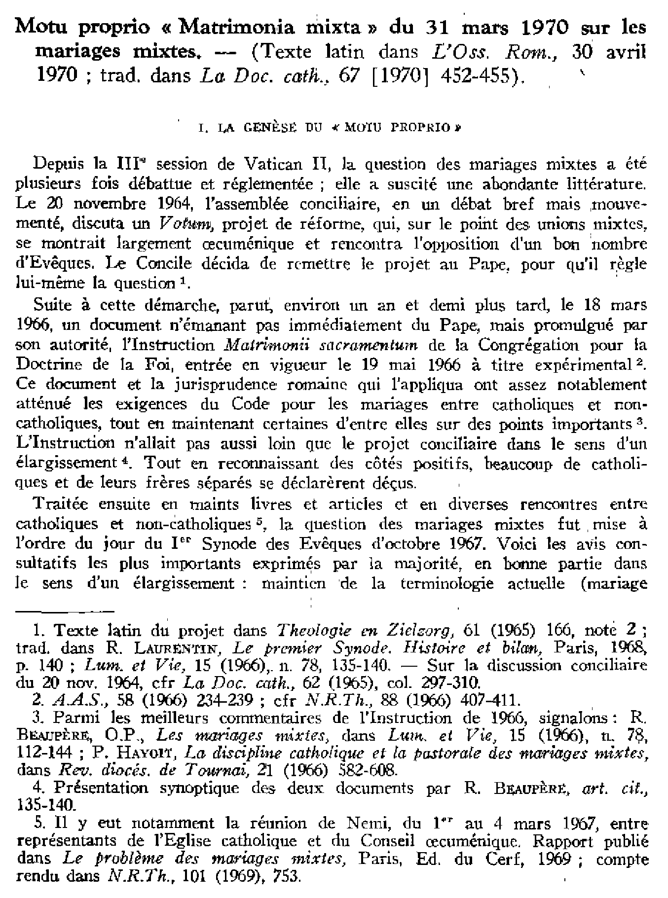 Motu Matrimonia mixta de SS Paul VI du 31 mars 1970 sur les mariages mixtes